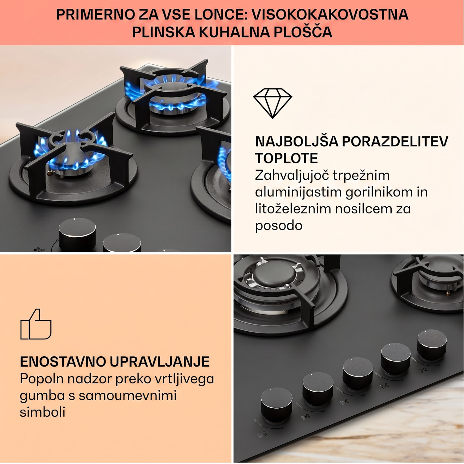 Firetale, plinska kuhalna plošča, 5 gorilnikov, 70 cm, aluminijasti gorilniki, vključno s cevjo in redukcijskim ventilom 70 cm | Steklo | Črna