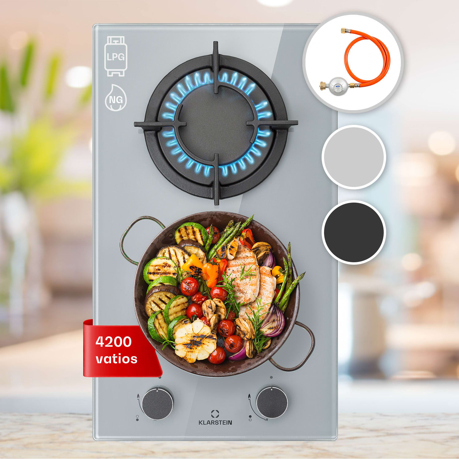 Firetale Placa de gas de 2 zonas Quemador de aluminio Gas natural/gas propano Incl. manguera y reductor de presión 30 cm | Cristal | Gris