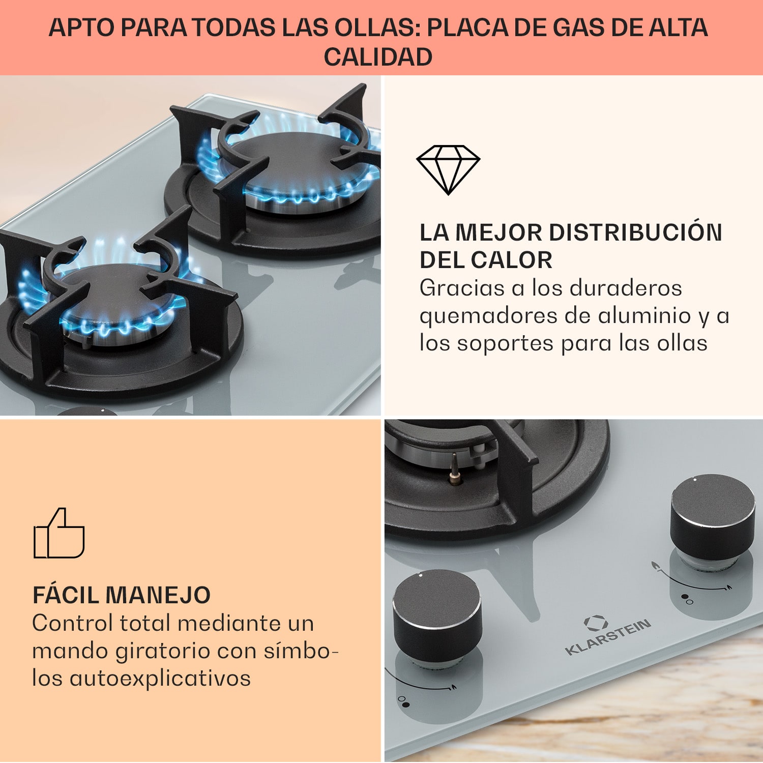 Firetale Placa de gas de 2 zonas Quemador de aluminio Gas natural/gas propano Incl. manguera y reductor de presión 30 cm | Cristal | Gris