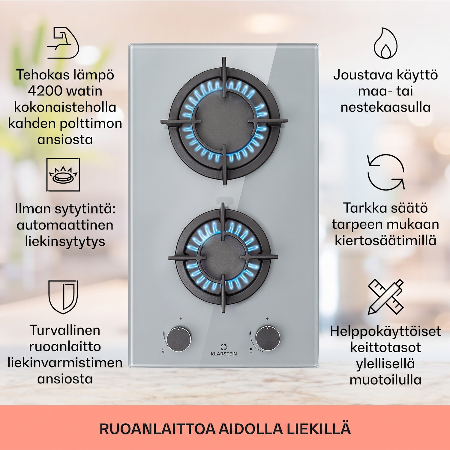 Firetale kaasuliesi 2-polttimoinen alumiinipolttimilla maakaasu/propaani, letku ja paineensäädin mukana 30 cm | Lasi | Harmaa