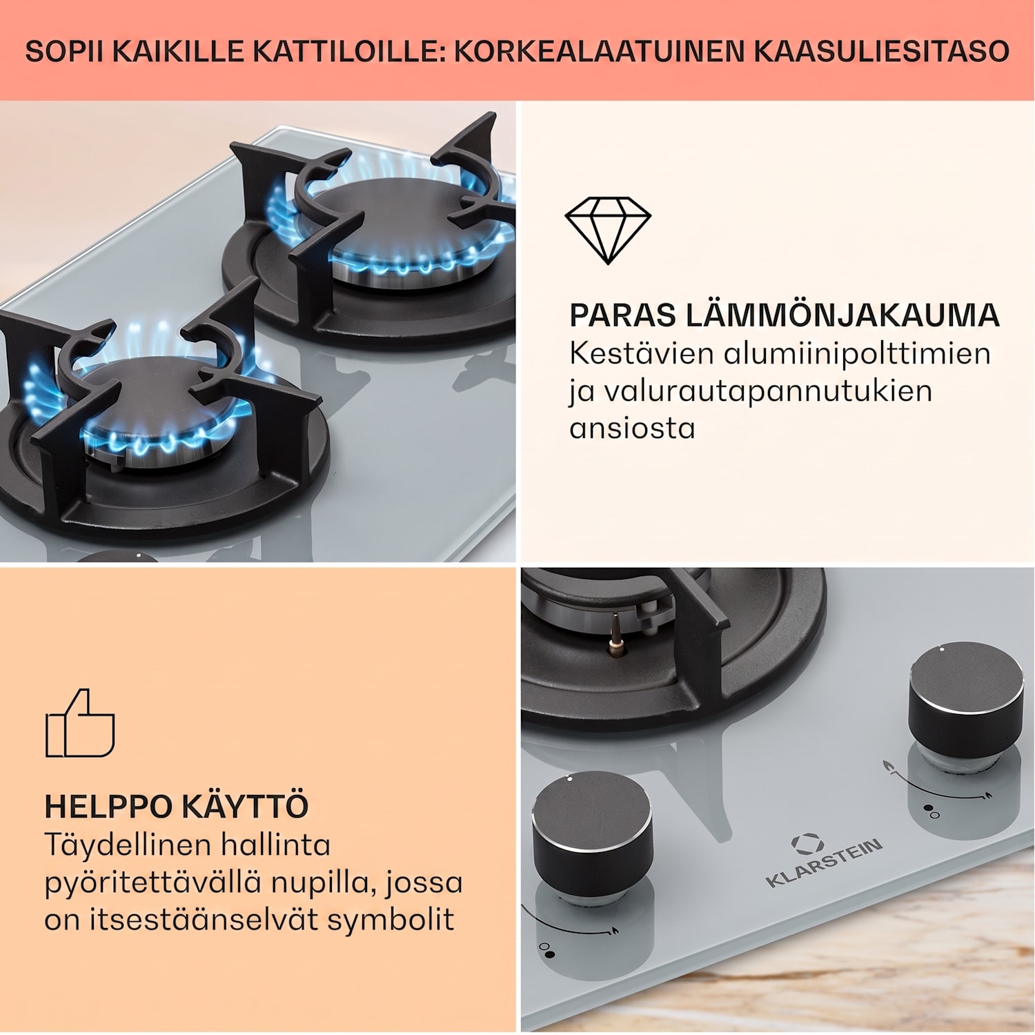 Firetale kaasuliesi 2-polttimoinen alumiinipolttimilla maakaasu/propaani, letku ja paineensäädin mukana 30 cm | Lasi | Harmaa