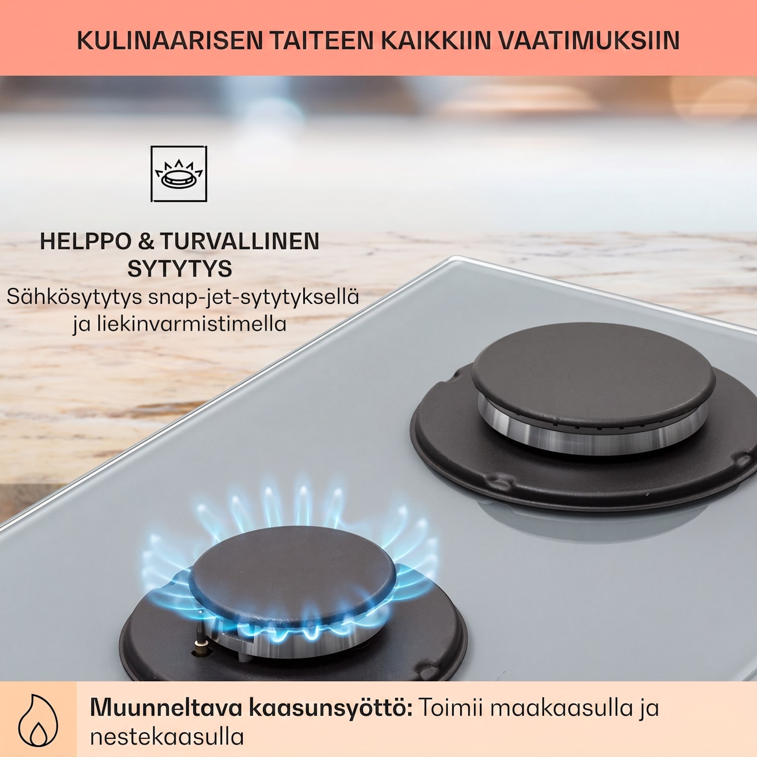 Firetale kaasuliesi 2-polttimoinen alumiinipolttimilla maakaasu/propaani, letku ja paineensäädin mukana 30 cm | Lasi | Harmaa