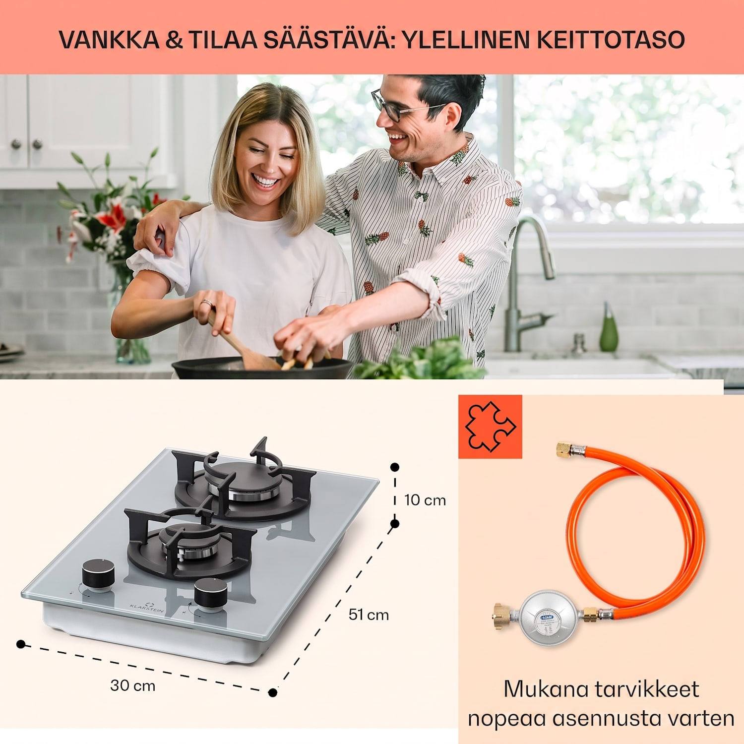 Firetale kaasuliesi 2-polttimoinen alumiinipolttimilla maakaasu/propaani, letku ja paineensäädin mukana 30 cm | Lasi | Harmaa