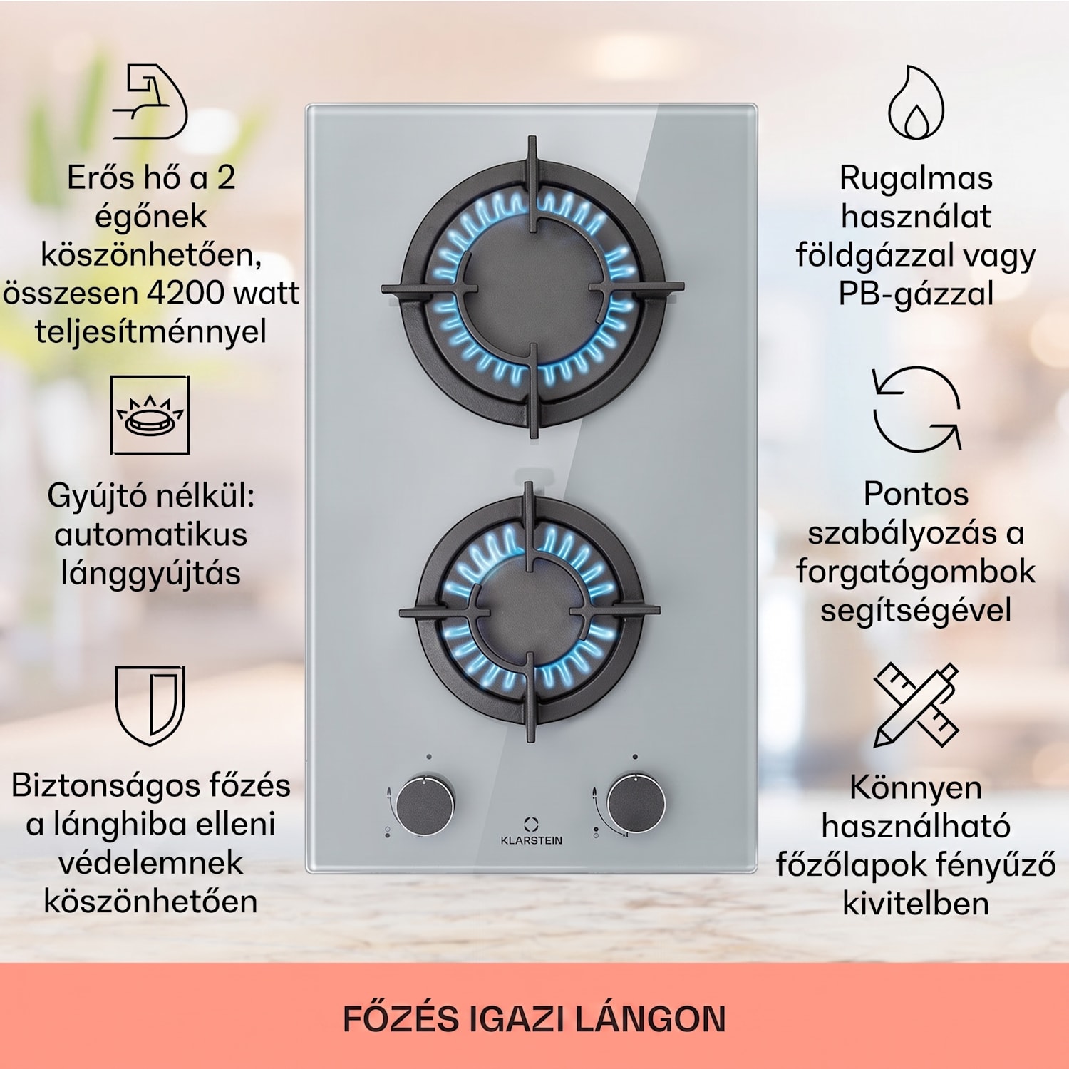 Firetale, gázfőzőlap, 2 égő, alumínium égők, földgáz/propán 30 cm | Üveg | Szürke