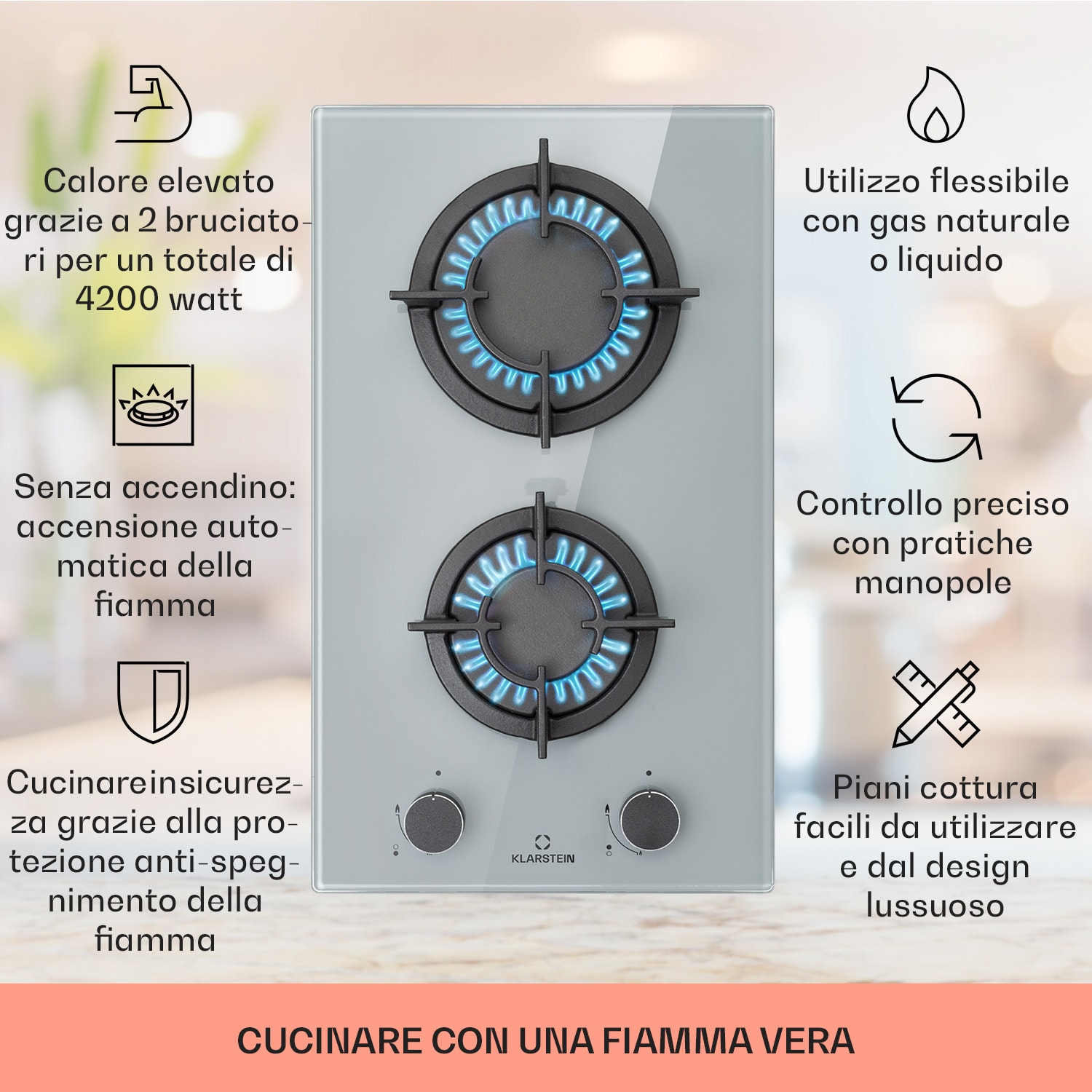 Firetale - Piano cottura a gas, 2 fuochi, bruciatori in alluminio, metano/propano, incl. tubo e riduttore di pressione 30 cm | Vetro | Grigio