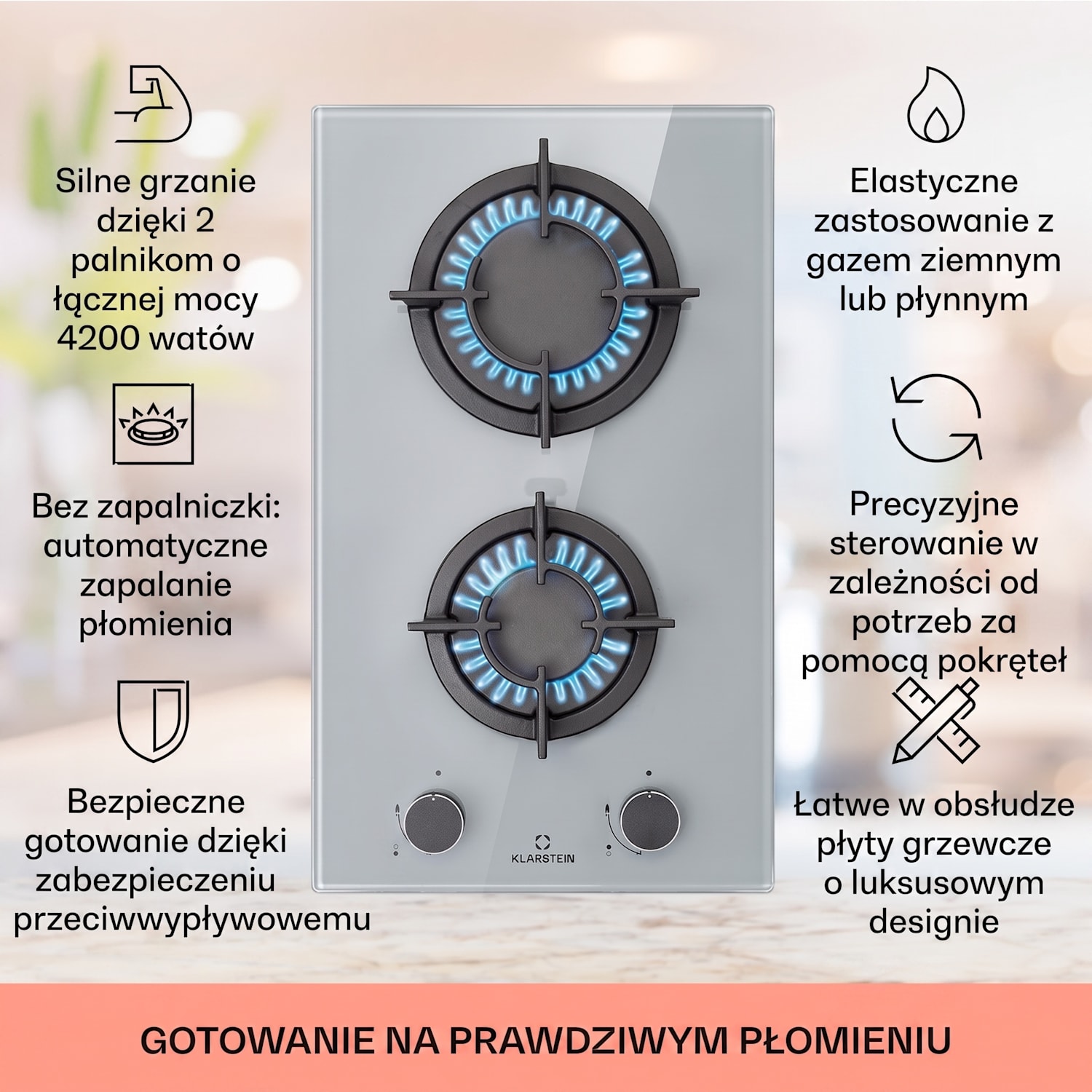 Firetale, płyta gazowa, 2 palniki z aluminium, gaz ziemny/propan 30 cm | Szkło | Szary