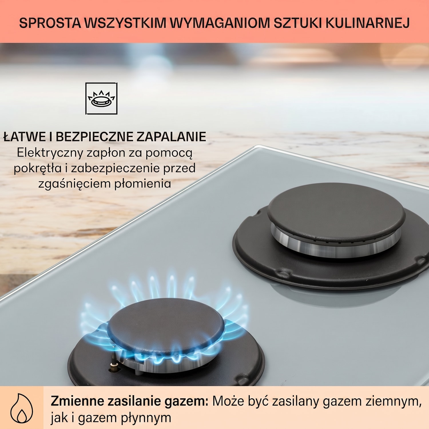 Firetale, płyta gazowa, 2 palniki z aluminium, gaz ziemny/propan 30 cm | Szkło | Szary