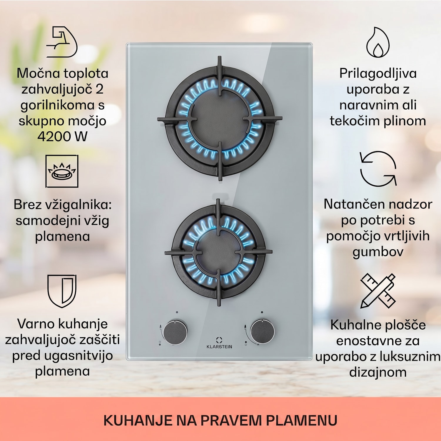 Firetale, plinska kuhalna plošča, 2 gorilnika, aluminijasti gorilniki, zemeljski plin/propan 30 cm | Steklo | Siva