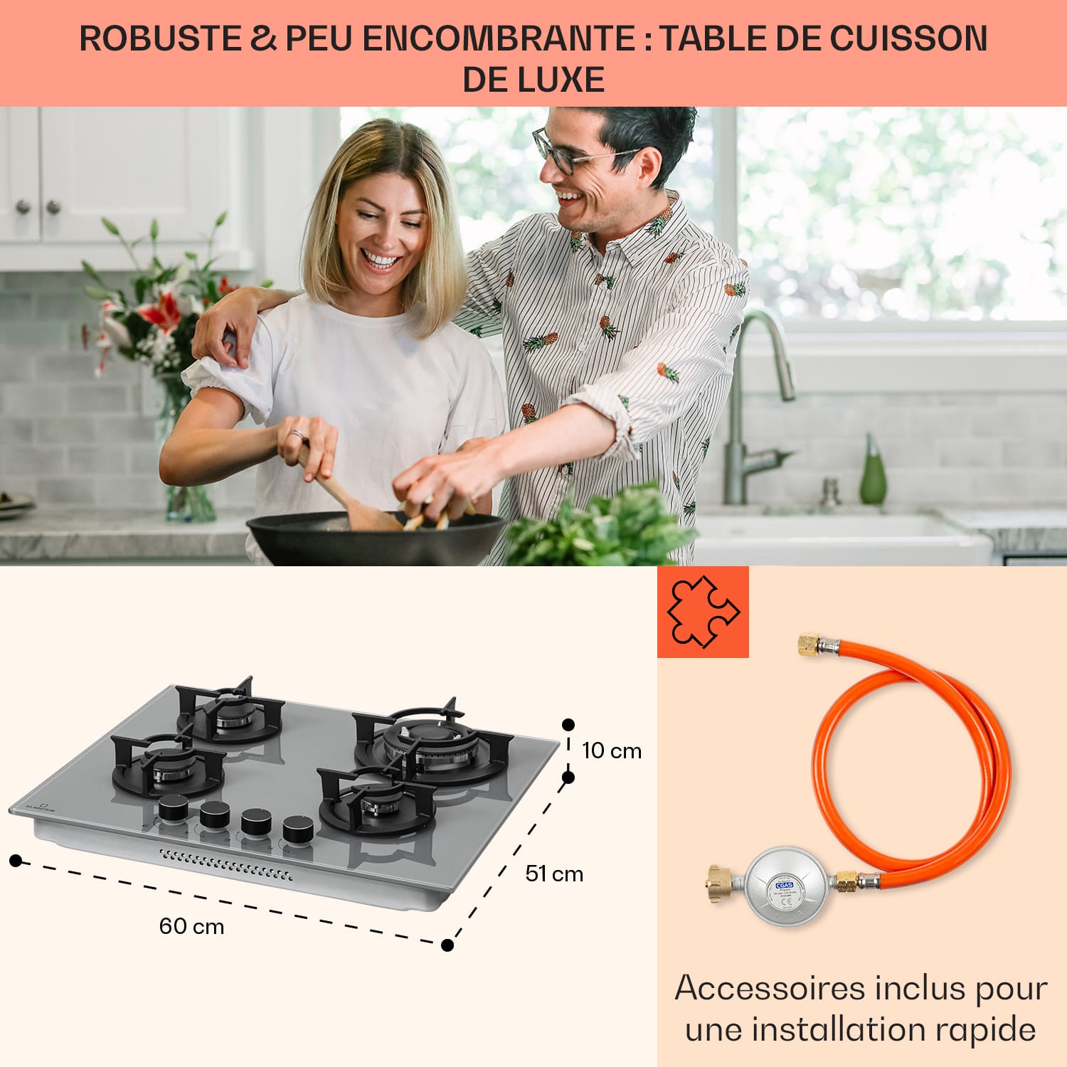 Firetale gaskookplaat 4-pits 60 cm aluminium brander incl. slang en drukregelaar  60 cm | Glas | Grijs