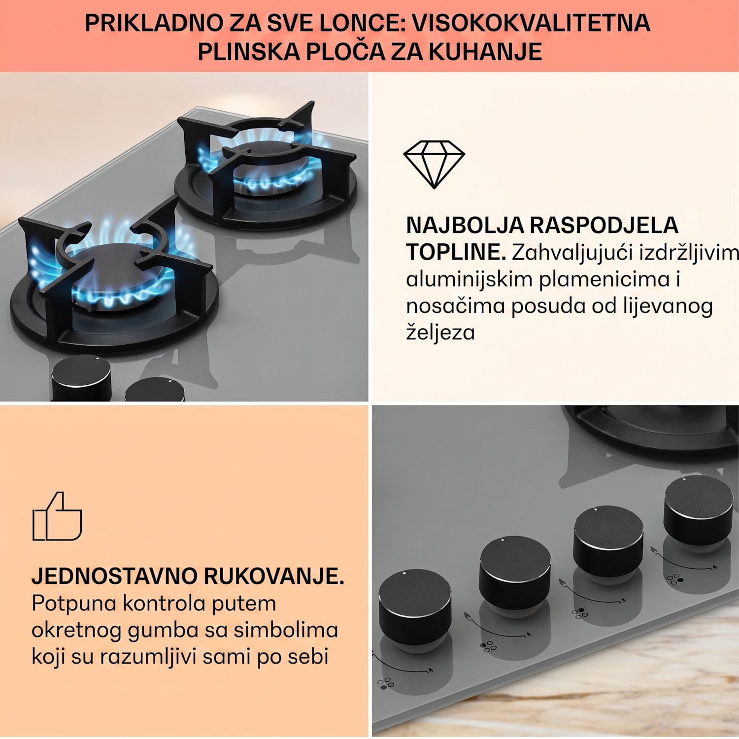 Firetale, plinska ploča za kuhanje, 4 plamenika, aluminijski plamenici, uključujući crijevo i reducir ventil 60 cm | Staklo | Siva