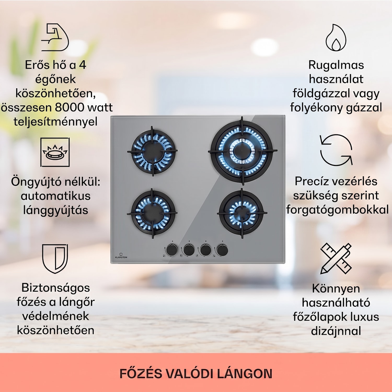 Firetale, gázfőzőlap, 4 égő, alumínium égők, tömlővel és redukáló szeleppel 60 cm | Üveg | Szürke