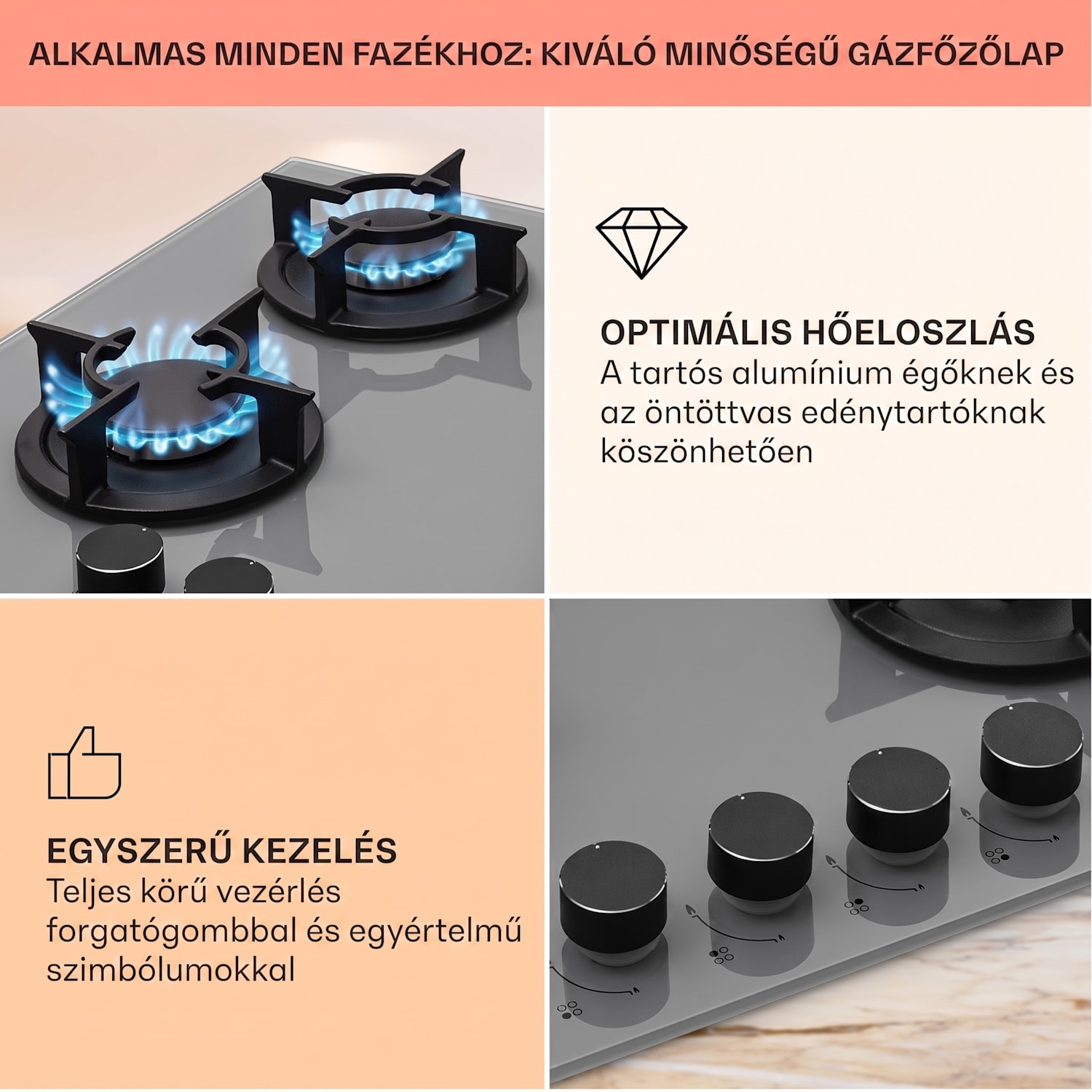 Firetale, gázfőzőlap, 4 égő, alumínium égők, tömlővel és redukáló szeleppel 60 cm | Üveg | Szürke