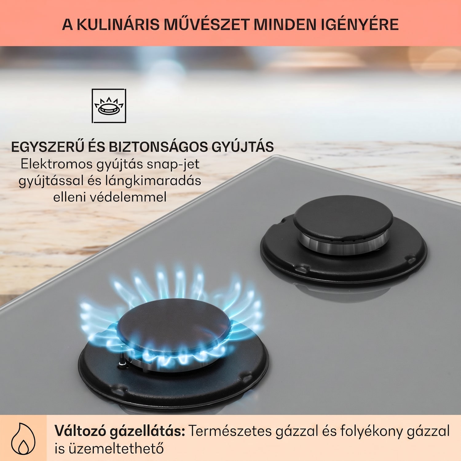Firetale, gázfőzőlap, 4 égő, alumínium égők, tömlővel és redukáló szeleppel 60 cm | Üveg | Szürke