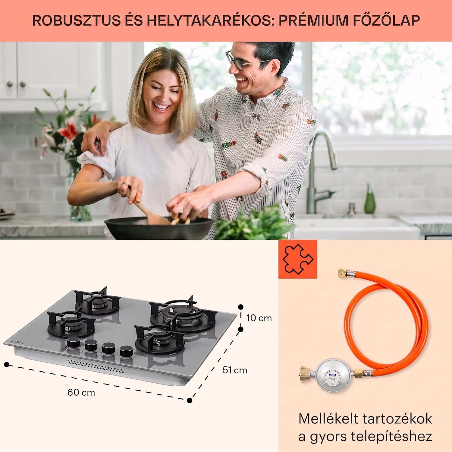 Firetale, gázfőzőlap, 4 égő, alumínium égők, tömlővel és redukáló szeleppel 60 cm | Üveg | Szürke