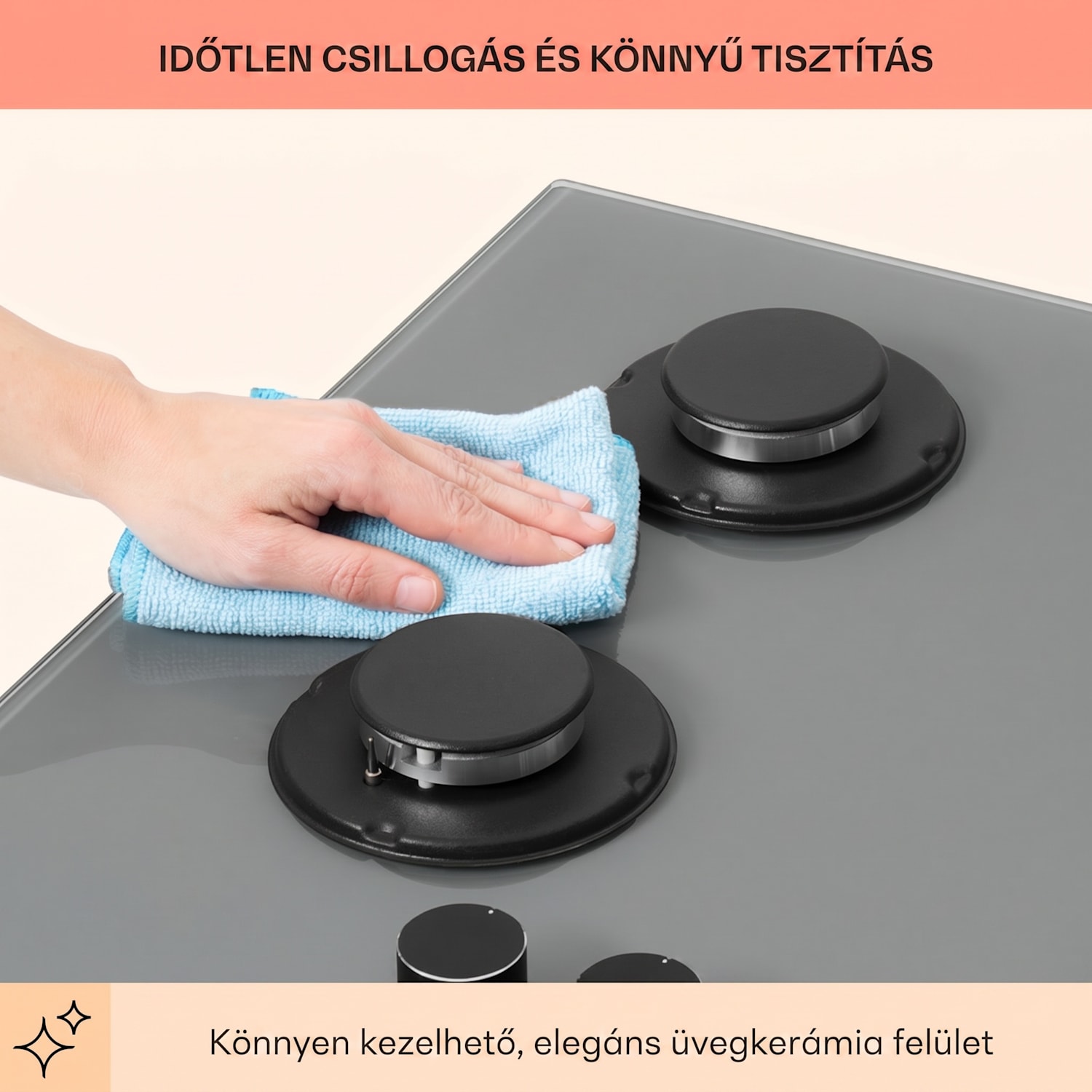 Firetale, gázfőzőlap, 4 égő, alumínium égők, tömlővel és redukáló szeleppel 60 cm | Üveg | Szürke