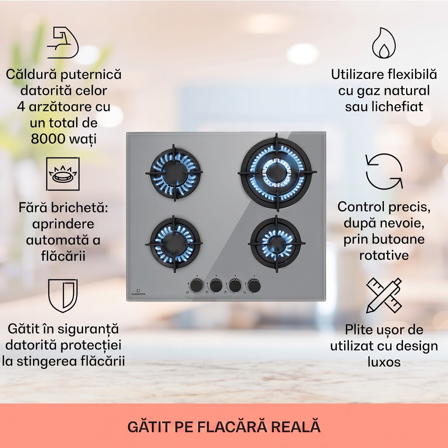 Firetale, plită cu gaz, 4 arzătoare, arzătoare din aluminiu, inclusiv furtun și reductor de presiune 60 cm | Sticlă | Gri