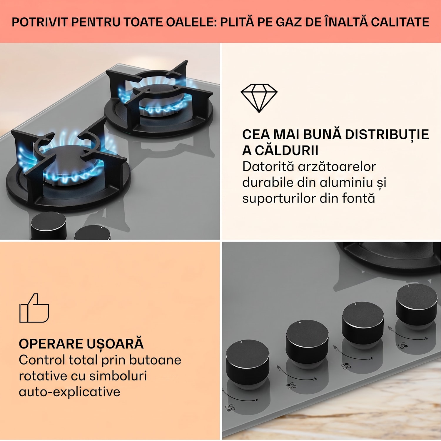 Firetale, plită cu gaz, 4 arzătoare, arzătoare din aluminiu, inclusiv furtun și reductor de presiune 60 cm | Sticlă | Gri