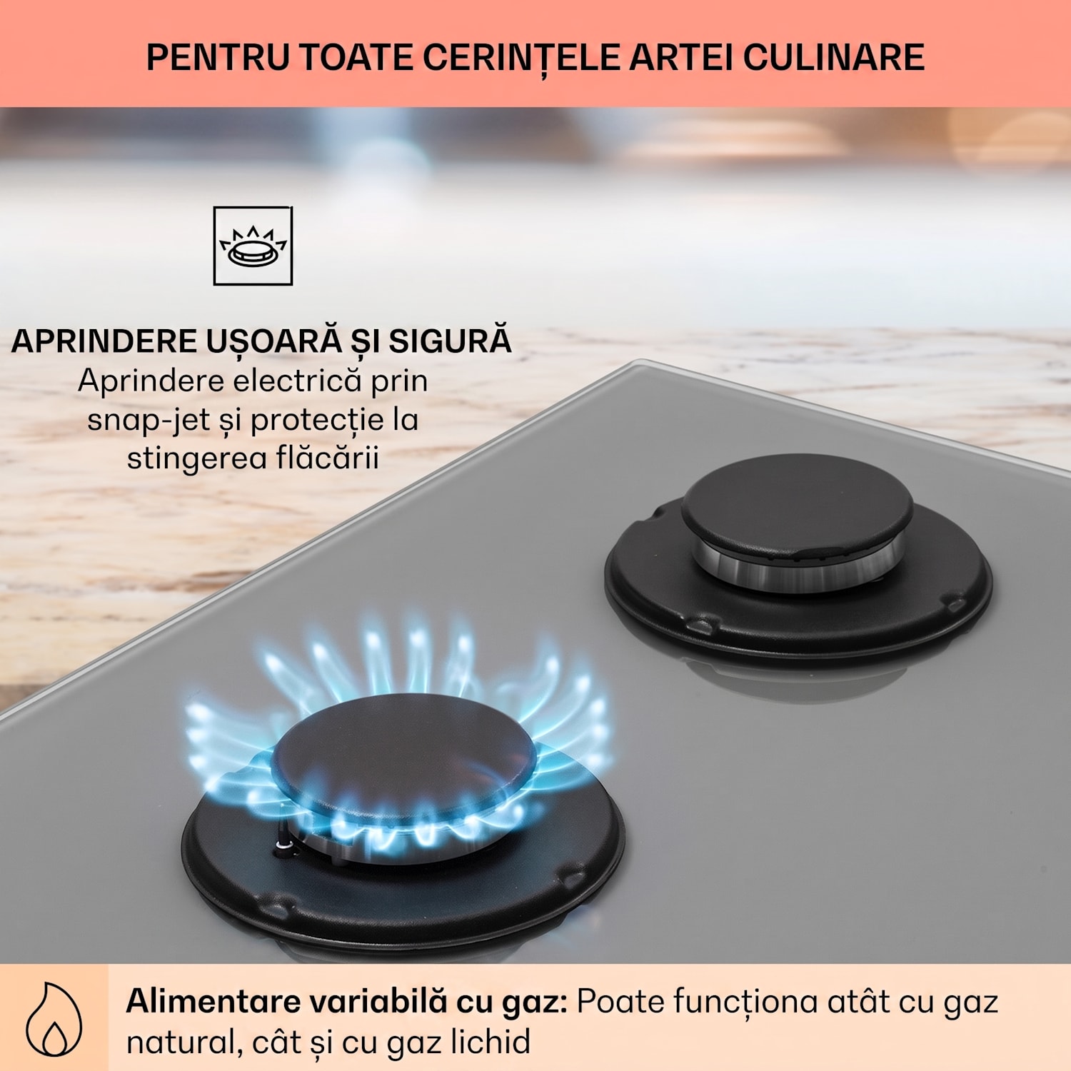 Firetale, plită cu gaz, 4 arzătoare, arzătoare din aluminiu, inclusiv furtun și reductor de presiune 60 cm | Sticlă | Gri
