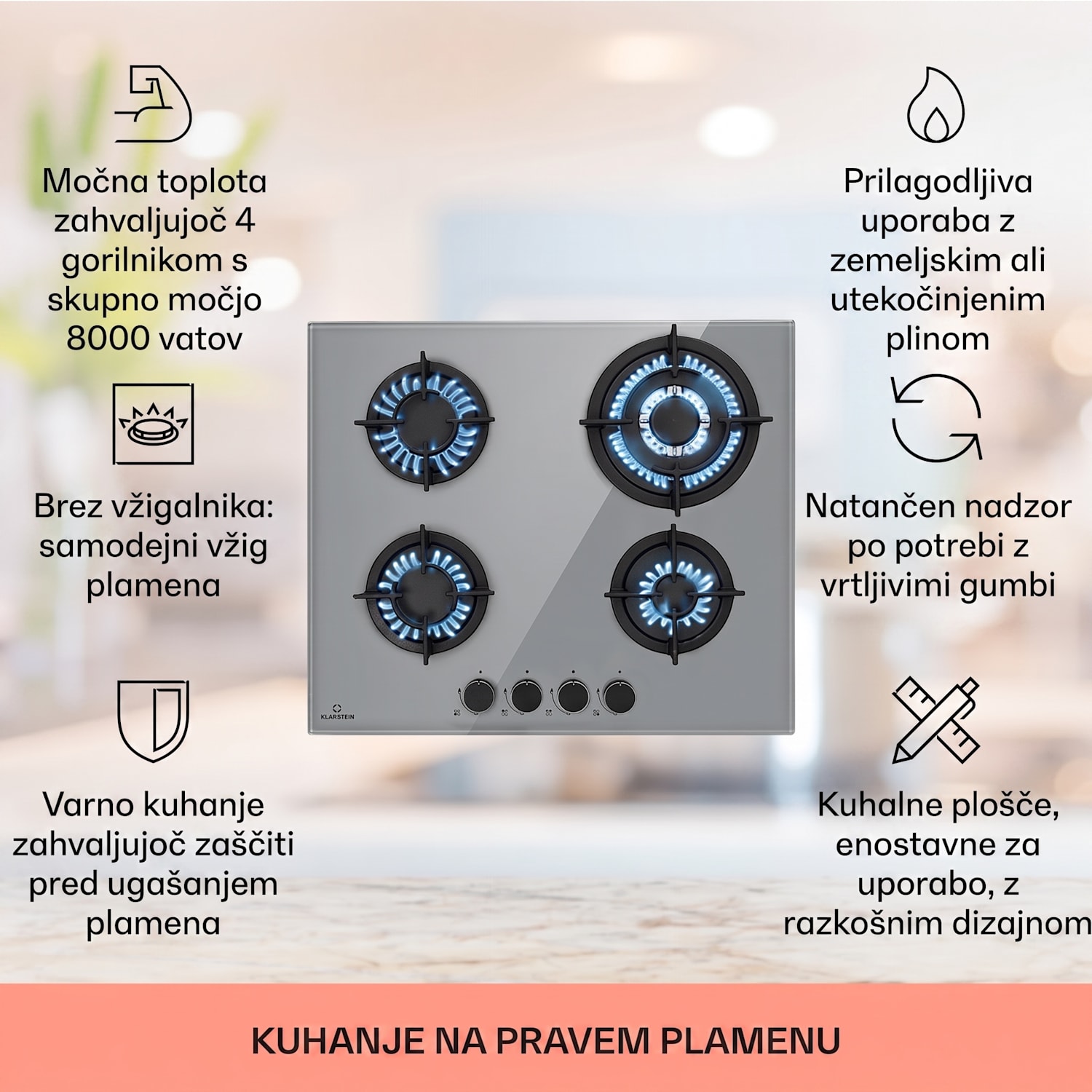 Firetale, plinska kuhalna plošča, 4 gorilniki, aluminijasti gorilniki, vključno s cevjo in redukcijskim ventilom 60 cm | Steklo | Siva