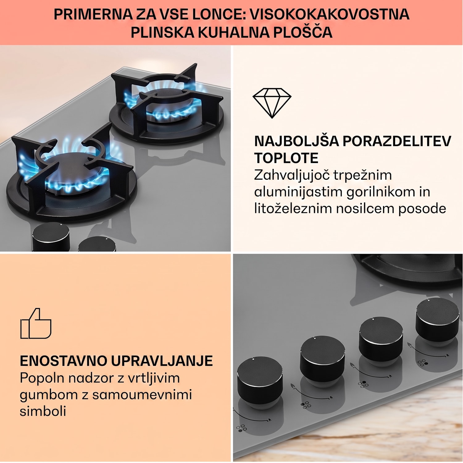 Firetale, plinska kuhalna plošča, 4 gorilniki, aluminijasti gorilniki, vključno s cevjo in redukcijskim ventilom 60 cm | Steklo | Siva