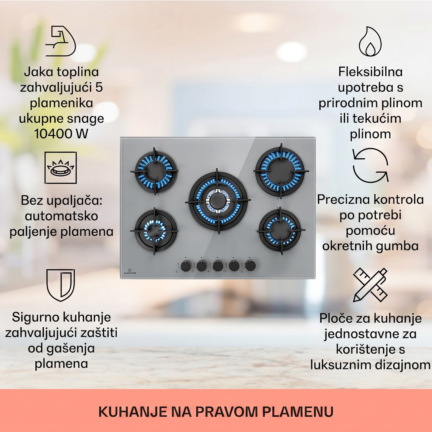 Firetale, plinska ploča za kuhanje, 5 plamenika, 70 cm, aluminijski plamenici, uključujući crijevo i reducir ventil 70 cm | Staklo | Siva