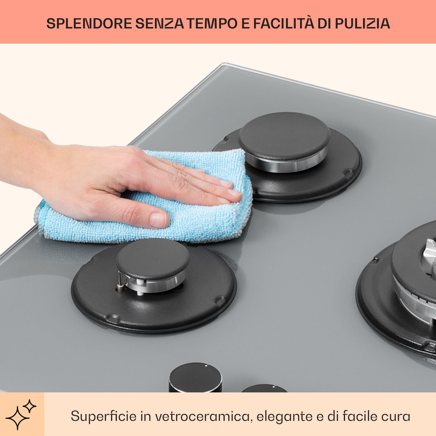 Firetale - Piano cottura a gas, 5 fuochi, 70 cm, bruciatori in alluminio, incl. tubo e riduttore di pressione  70 cm | Vetro | Grigio