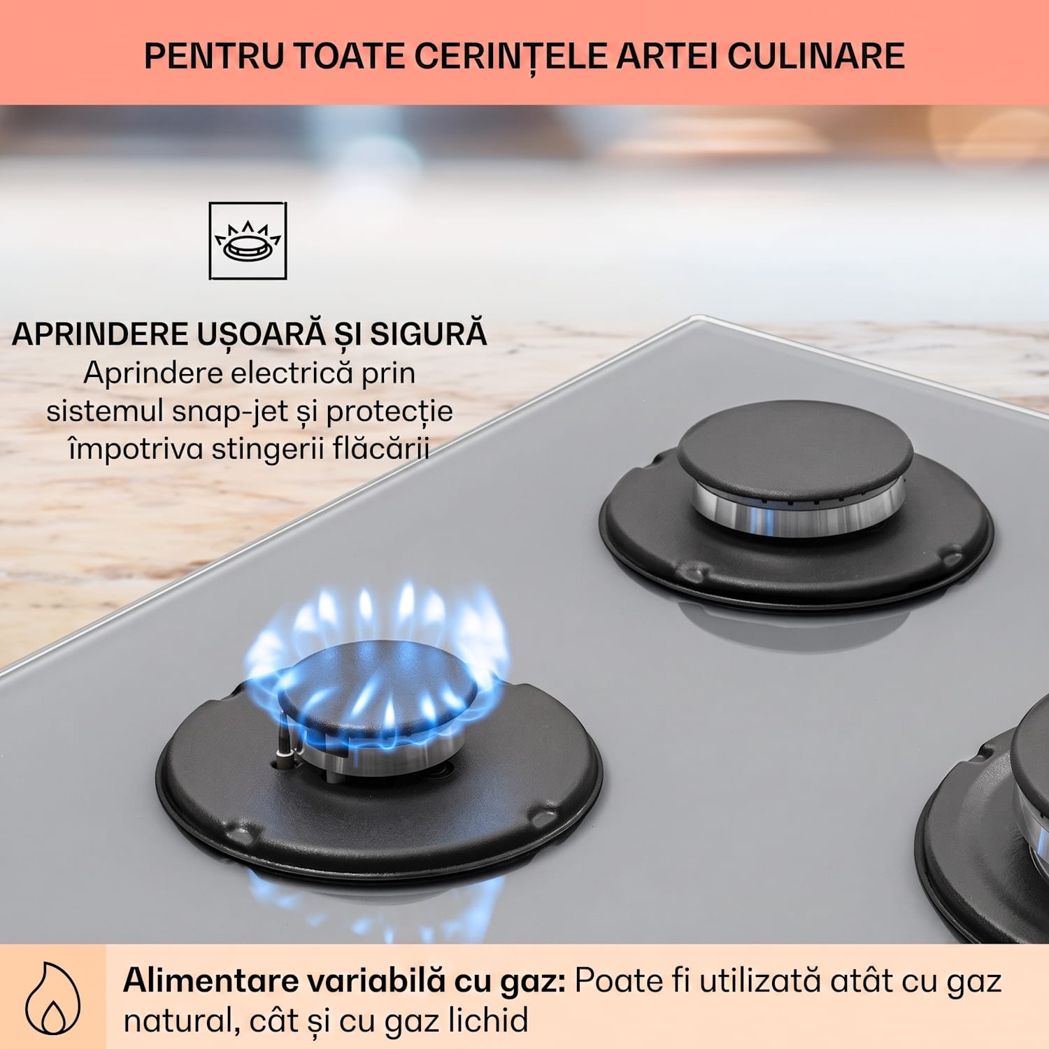 Firetale, plită cu gaz, 5 arzătoare, 70 cm, arzătoare din aluminiu, inclusiv furtun și reductor de presiune 70 cm | Sticlă | Gri