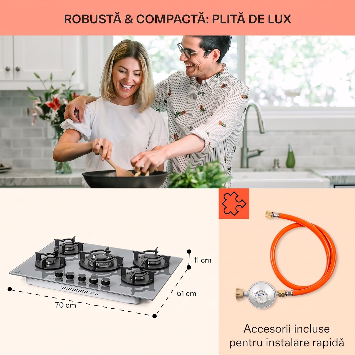 Firetale, plită cu gaz, 5 arzătoare, 70 cm, arzătoare din aluminiu, inclusiv furtun și reductor de presiune 70 cm | Sticlă | Gri