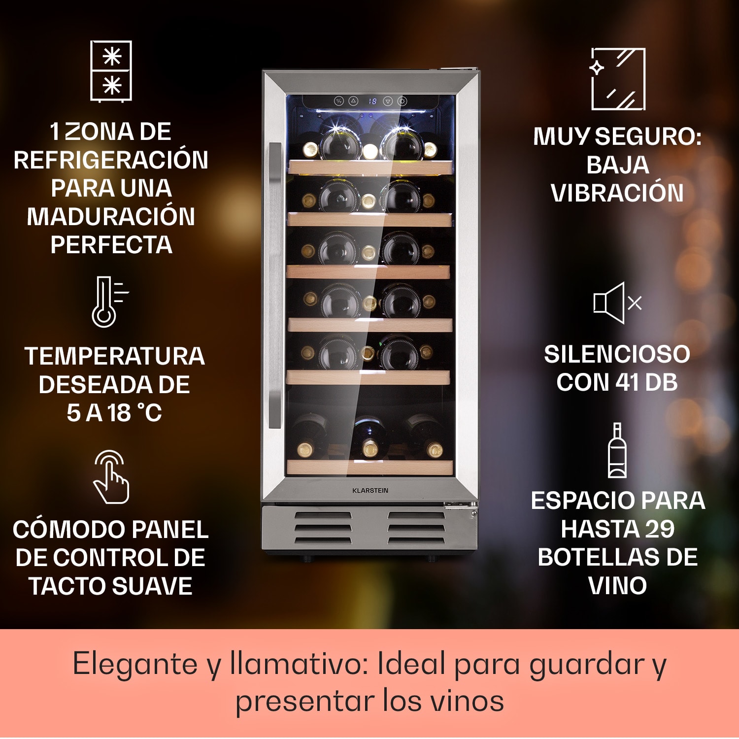 Vinovilla 29 Vinoteca empotrada 81 l / 29 bot. Puerta de cristal Acero inoxidable 29 botellas | 1 zona de refrigeración | Acero Inoxidable