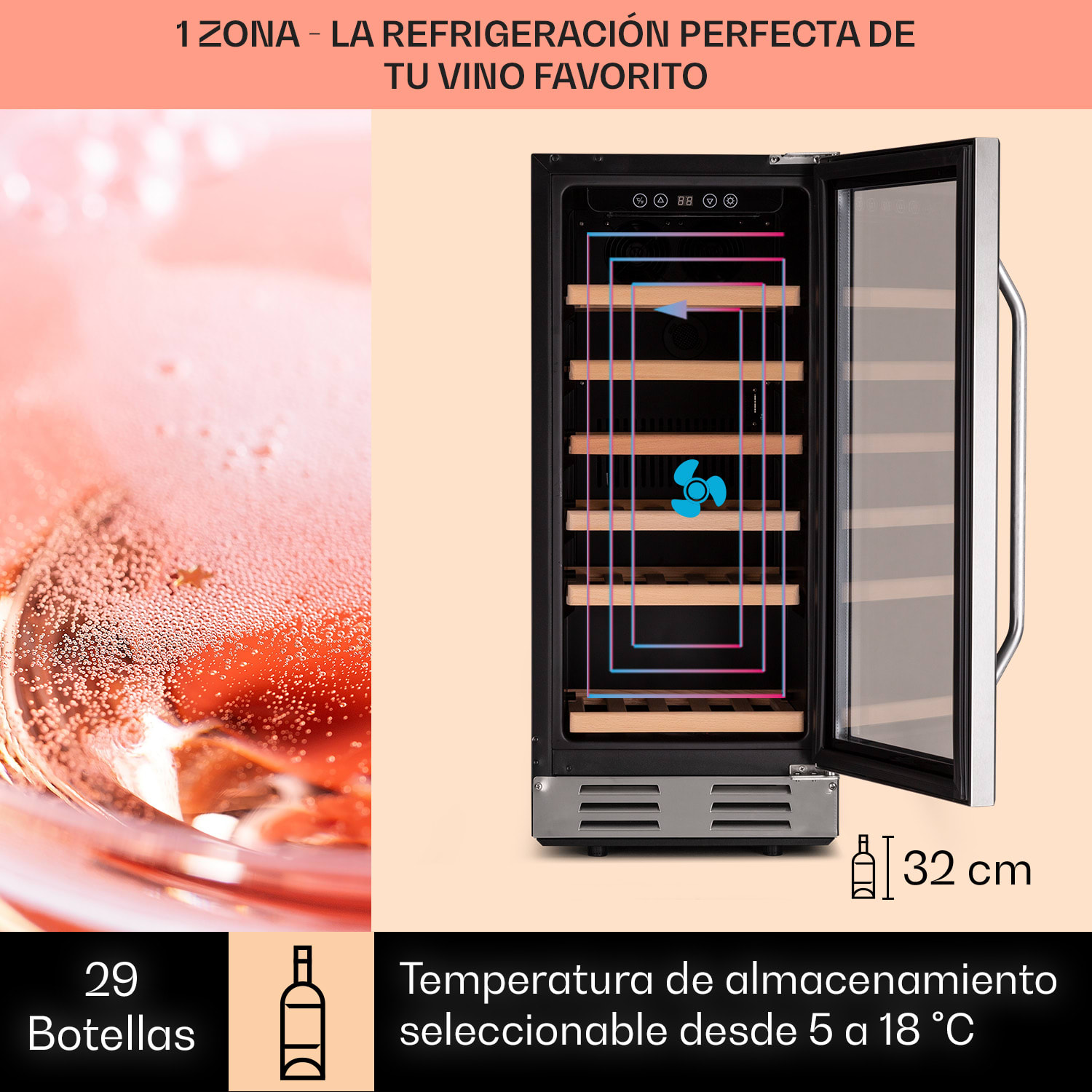 Vinovilla 29 Vinoteca empotrada 81 l / 29 bot. Puerta de cristal Acero inoxidable 29 botellas | 1 zona de refrigeración | Acero Inoxidable