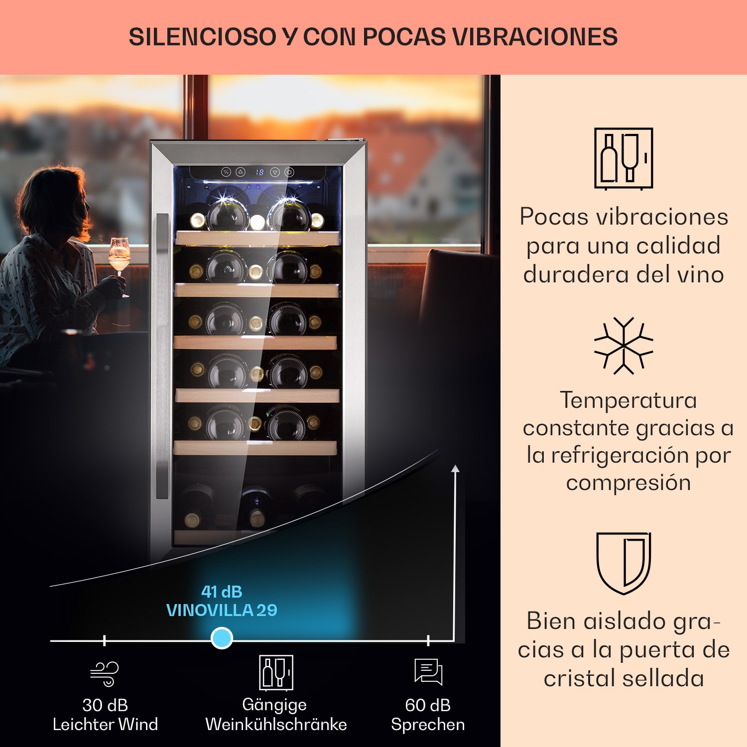Vinovilla 29 Vinoteca empotrada 81 l / 29 bot. Puerta de cristal Acero inoxidable 29 botellas | 1 zona de refrigeración | Acero Inoxidable