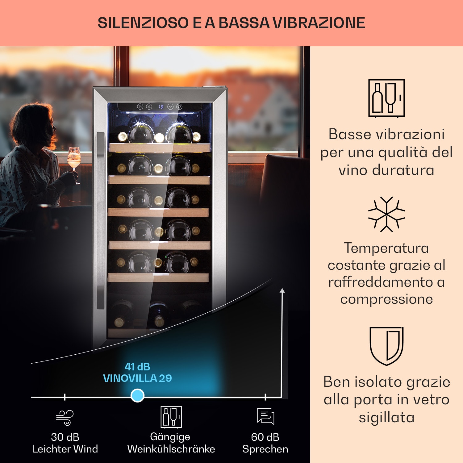 Vinovilla 29 Built-In - Cantinetta vino 81 litri / 29 bottiglie Porta in vetro in acciaio inox 29 bottiglie | 1 zona di raffreddamento | Acciaio inox