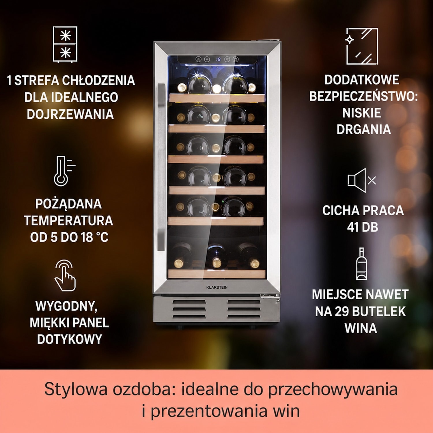 Vinovilla 29 wbudowana chłodziarka do wina 81 l / 29 butelek, drzwi szklane, stal nierdzewna 29 butelki | 1 strefa chłodzenia | Stal nierdzewna