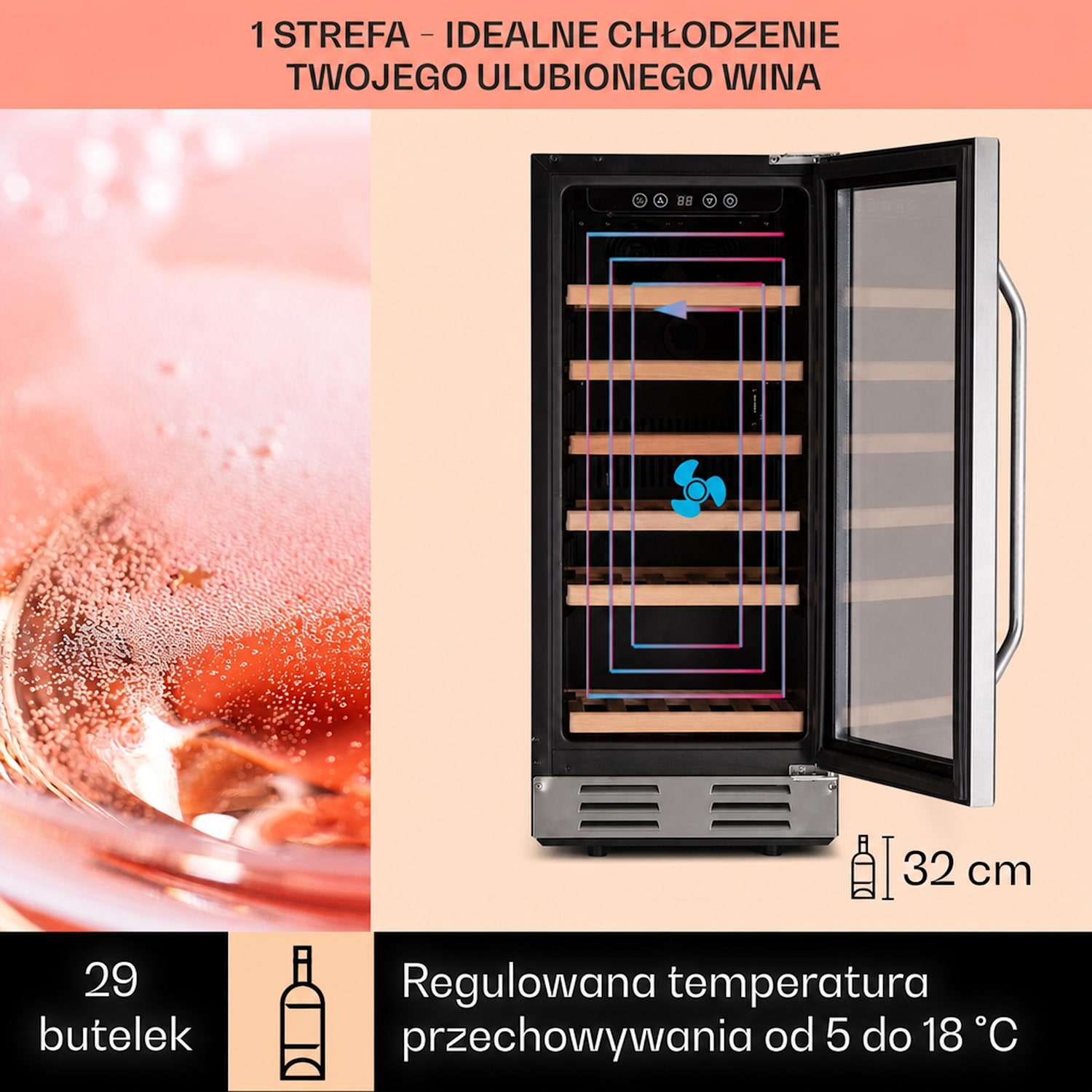 Vinovilla 29 wbudowana chłodziarka do wina 81 l / 29 butelek, drzwi szklane, stal nierdzewna 29 butelki | 1 strefa chłodzenia | Stal nierdzewna