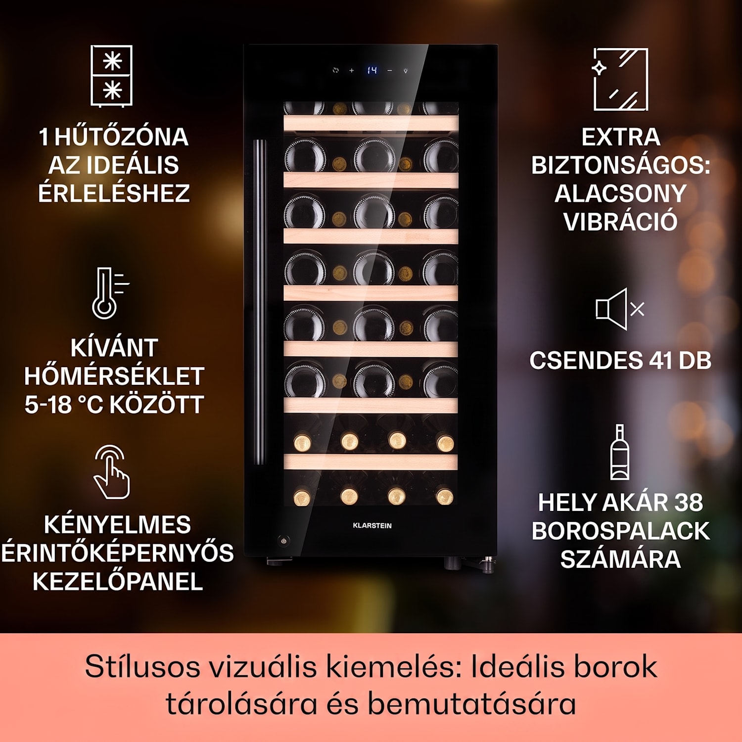 Barossa 38 Uno, borhűtő, 94 liter, 38 palack, 1 zóna, érintőképernyő 1 hűtőzóna | 38 üveg