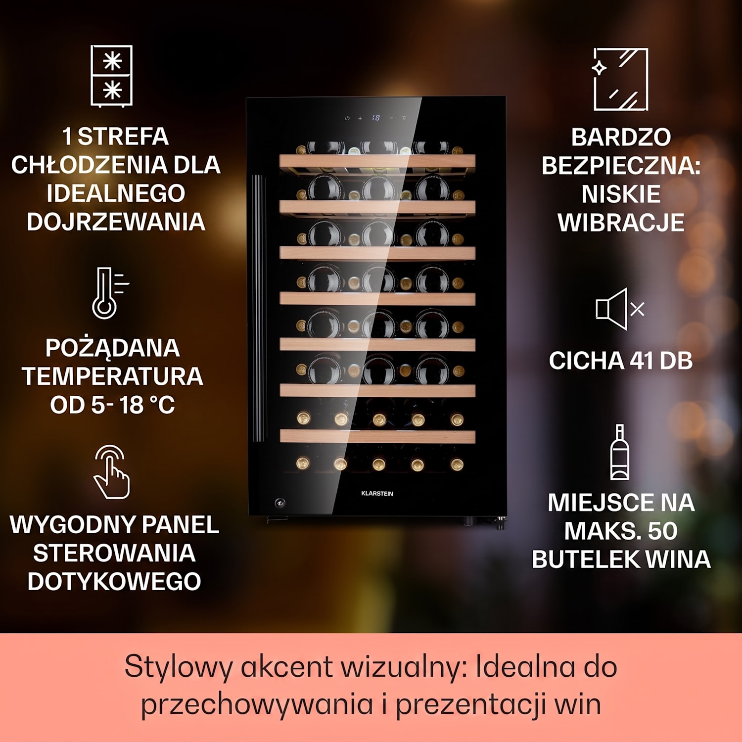 Barossa 50 Uno, chłodziarka do wina, 1 strefa, 120 l/52 butelek, wyświetlacz dotykowy 1 strefa chłodzenia | 52 butelki