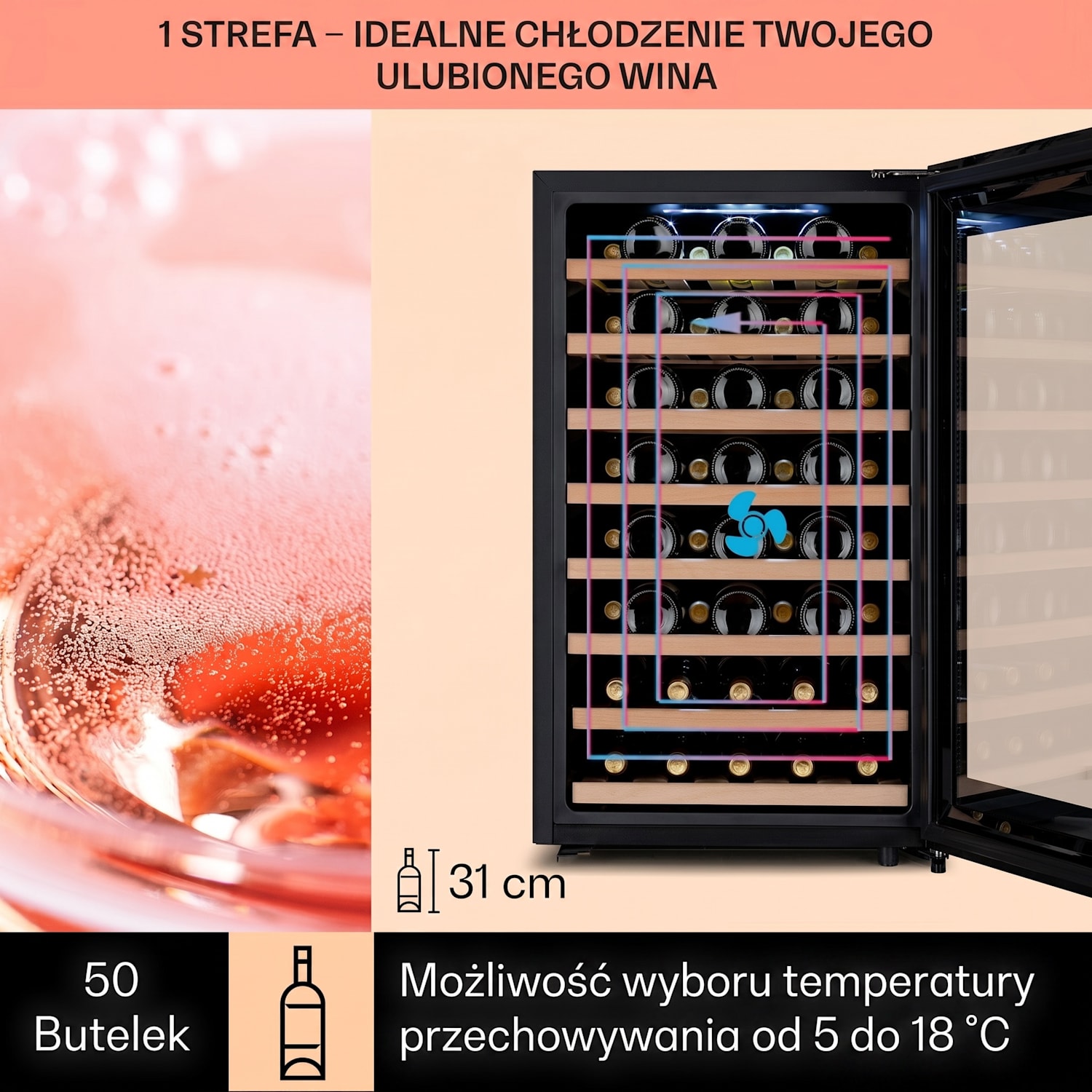 Barossa 50 Uno, chłodziarka do wina, 1 strefa, 120 l/52 butelek, wyświetlacz dotykowy 1 strefa chłodzenia | 52 butelki