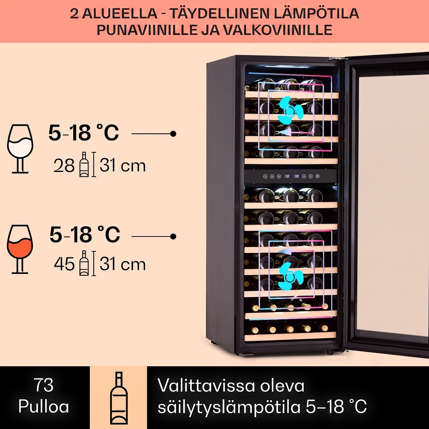 Barossa 73 Duo -viinikaappi 2 aluetta 192 litraa / 73 pulloa kosketusnäyttö 2 jäähdytysalue | 73 pulloa