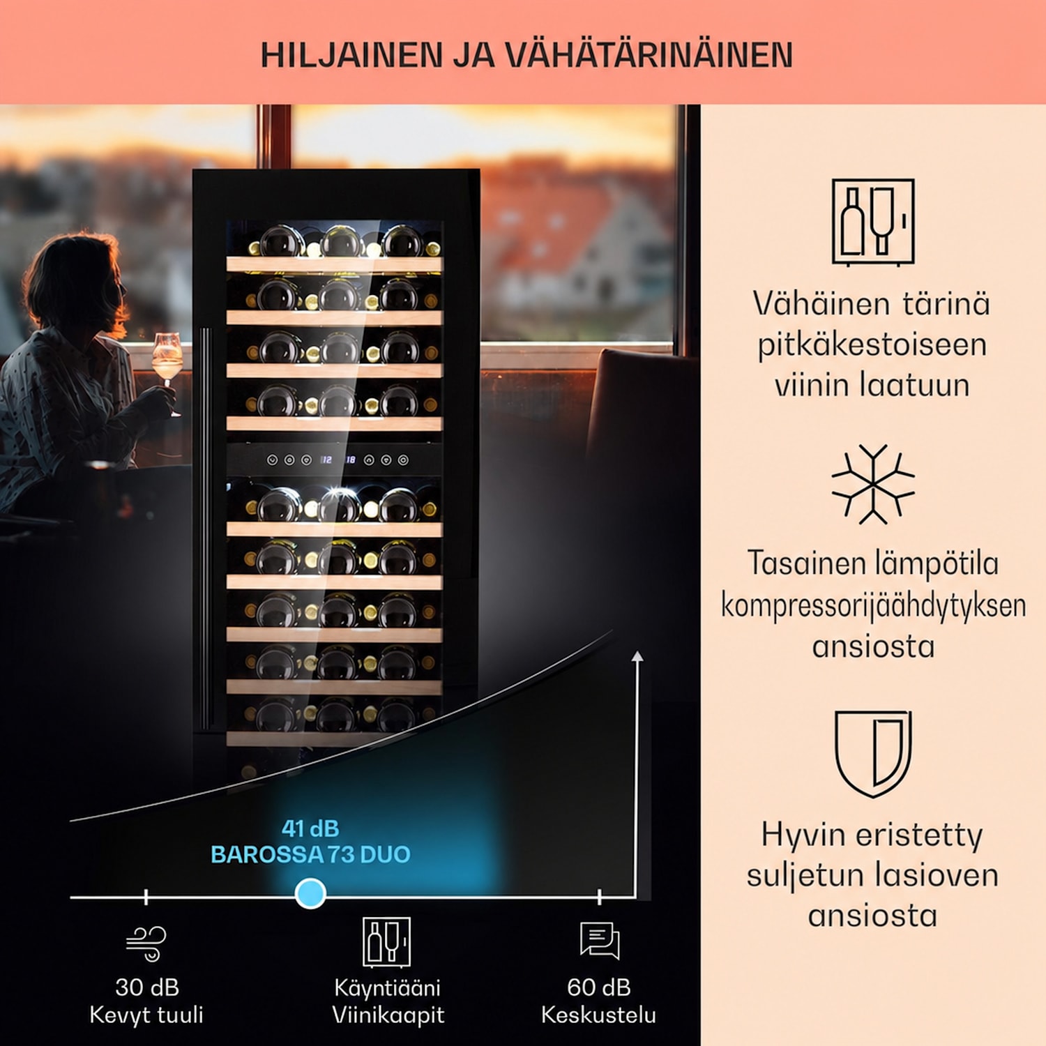 Barossa 73 Duo -viinikaappi 2 aluetta 192 litraa / 73 pulloa kosketusnäyttö 2 jäähdytysalue | 73 pulloa