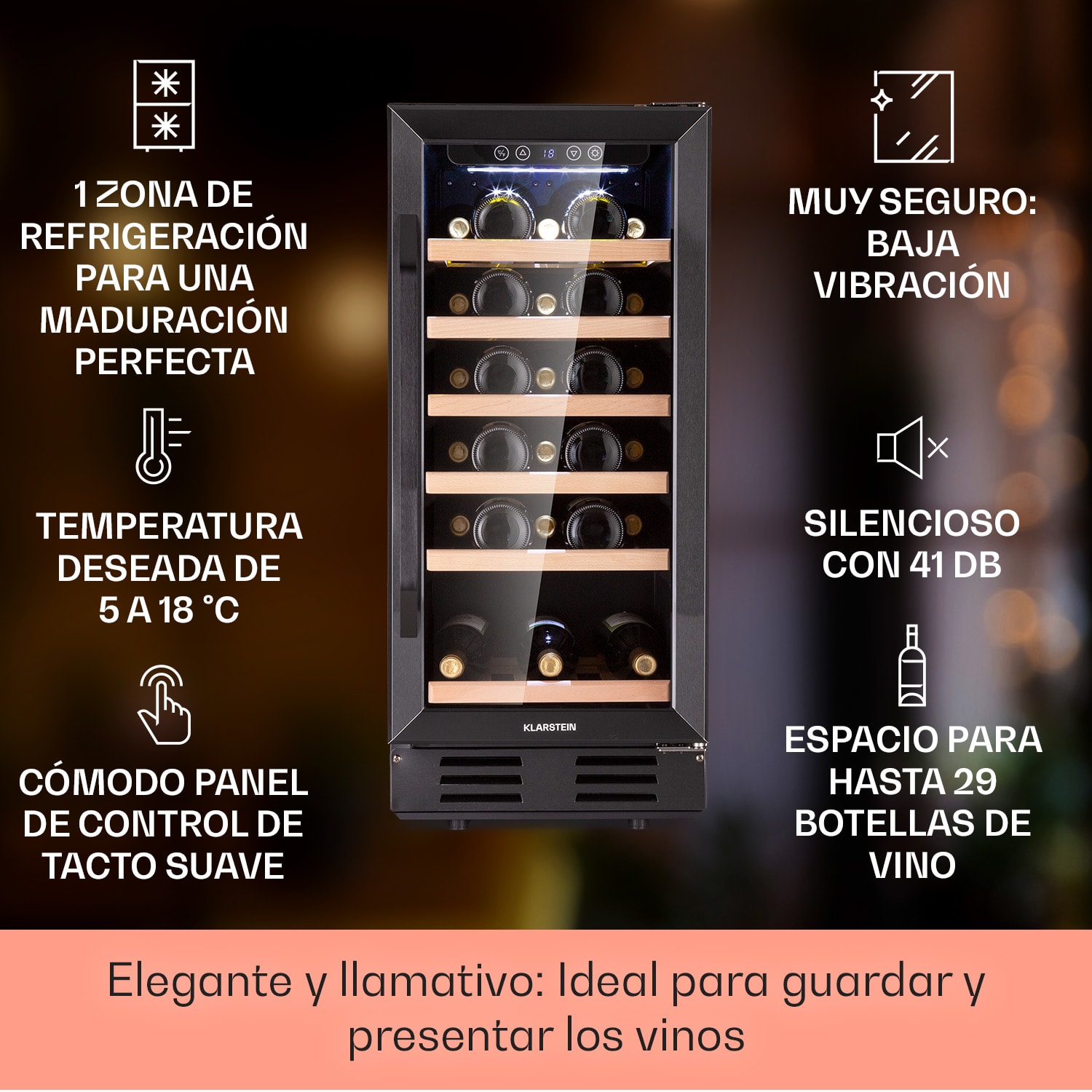 Vinovilla 29 frigorífico de vino empotrado 81 l / 29 bot. 1 zona puerta de vidrio acero inoxidable 29 botellas | 1 zona de refrigeración | Negro