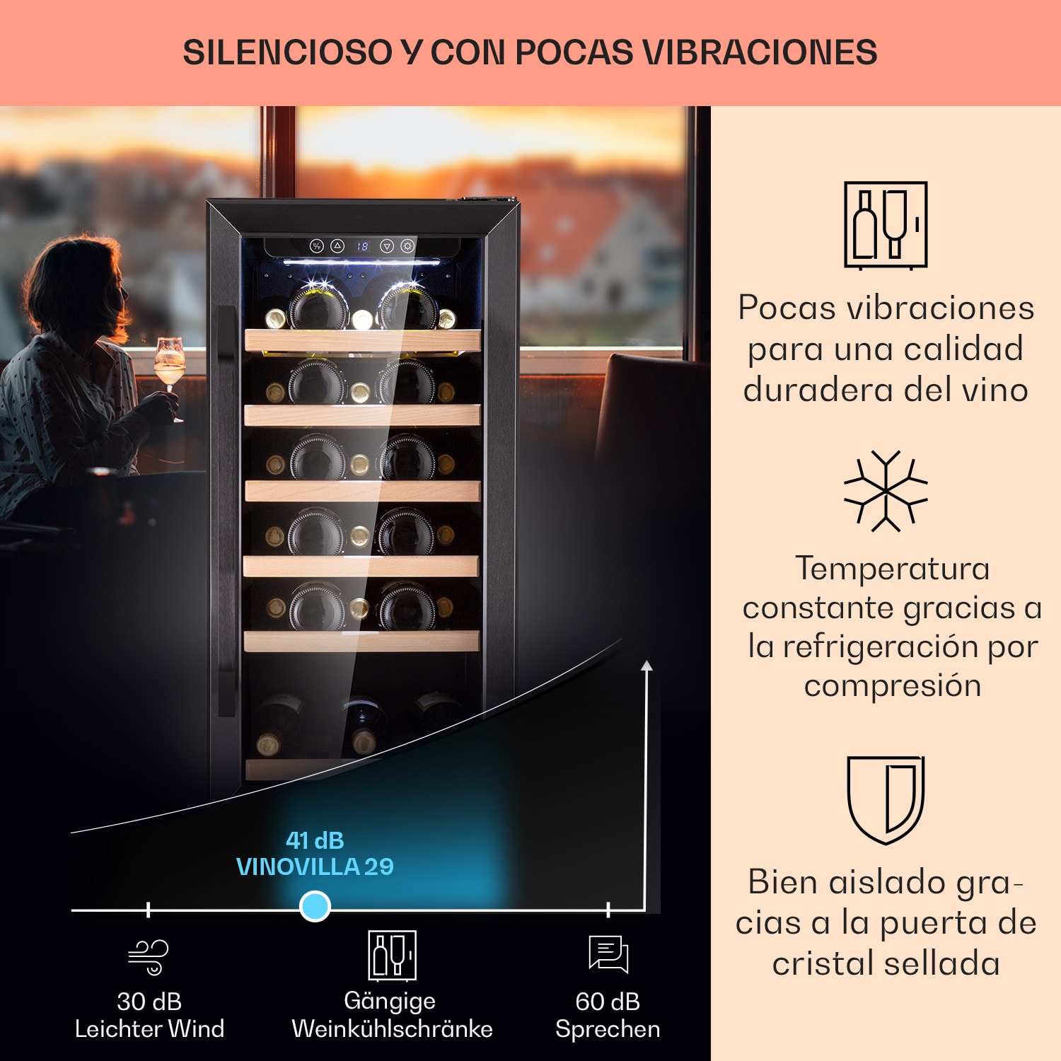 Vinovilla 29 frigorífico de vino empotrado 81 l / 29 bot. 1 zona puerta de vidrio acero inoxidable 29 botellas | 1 zona de refrigeración | Negro