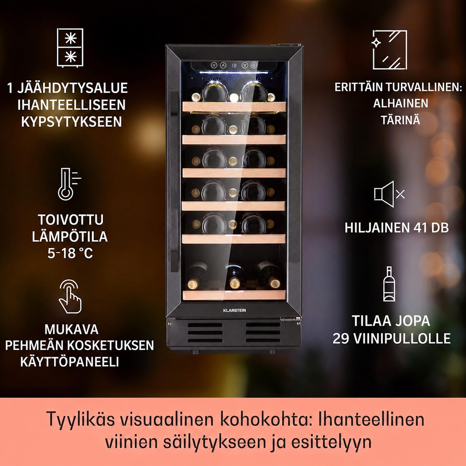 Vinovilla 29 sisäänrakennettava viinikaappi 81 l / 29 pulloa 1 vyöhyke lasiovella ruostumatonta terästä 29 pulloa | 1 jäähdytysalue | Musta