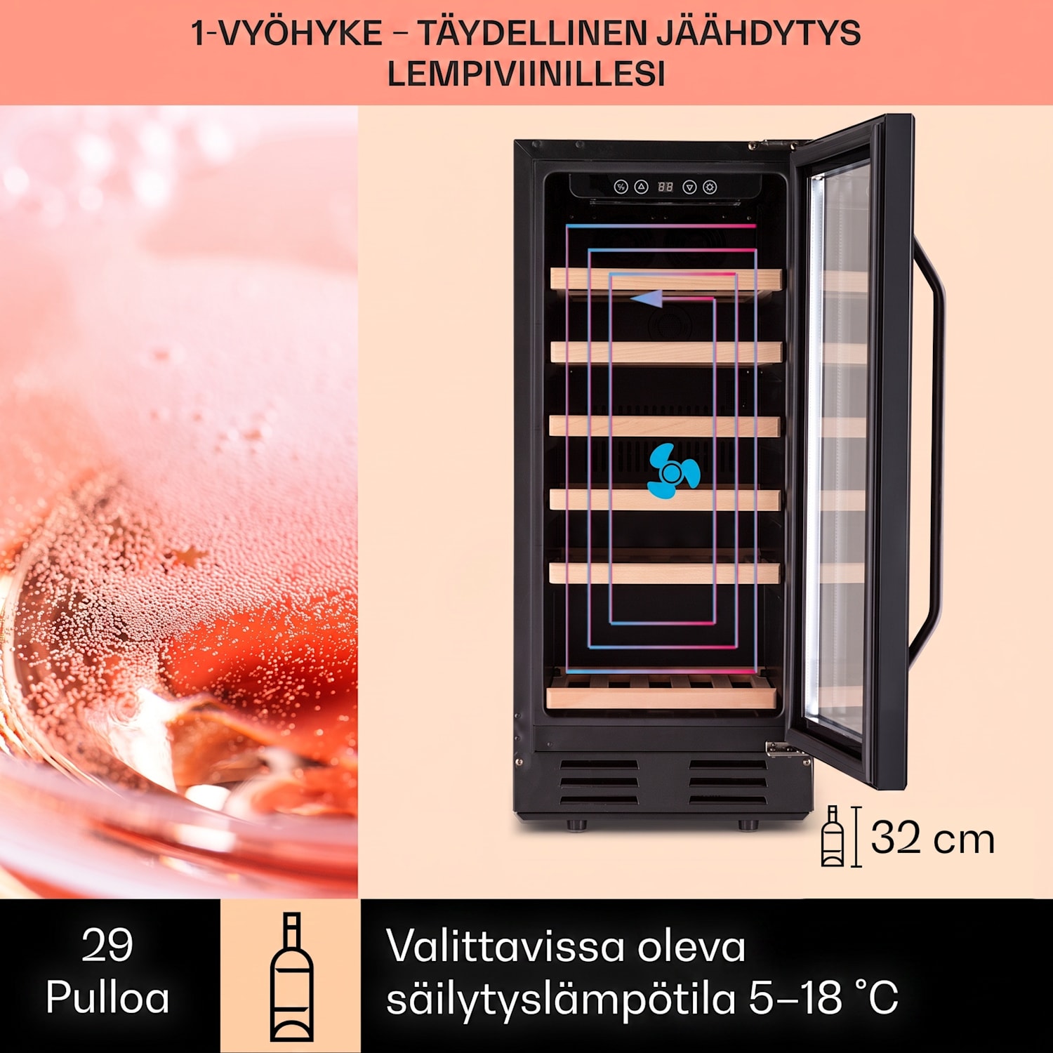 Vinovilla 29 sisäänrakennettava viinikaappi 81 l / 29 pulloa 1 vyöhyke lasiovella ruostumatonta terästä 29 pulloa | 1 jäähdytysalue | Musta