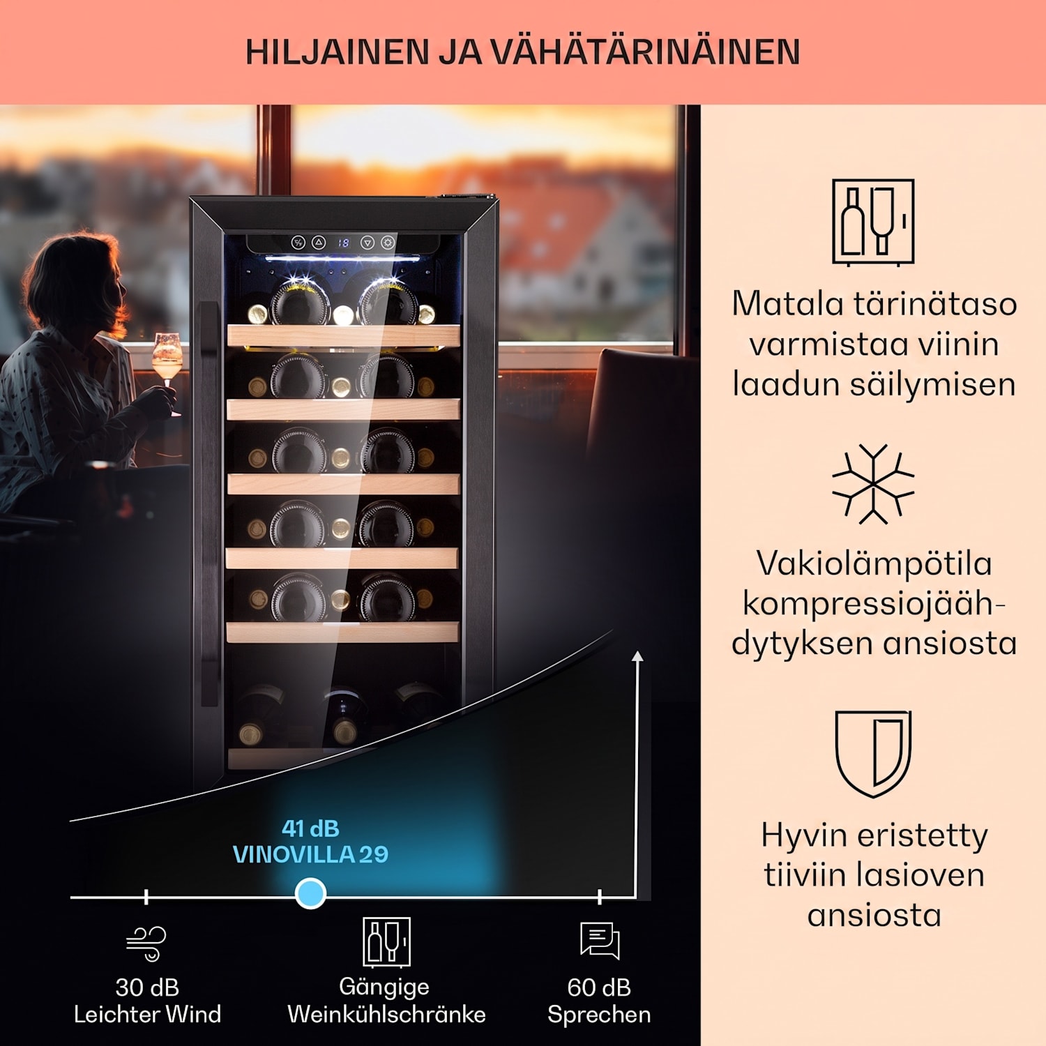 Vinovilla 29 sisäänrakennettava viinikaappi 81 l / 29 pulloa 1 vyöhyke lasiovella ruostumatonta terästä 29 pulloa | 1 jäähdytysalue | Musta