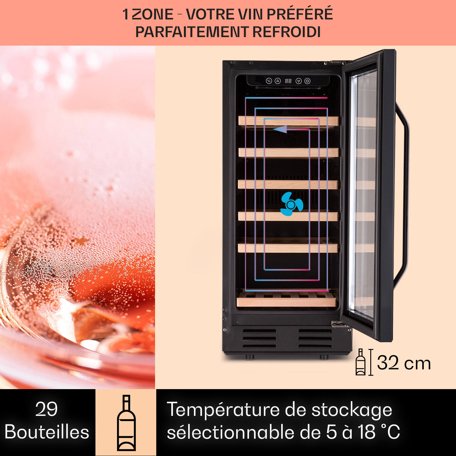 Vinovilla 29 Réfrigérateur à vin encastré 81 l / 29 bouteilles 1 zone porte en verre inox 29 bouteilles | 1 zone de conservation | Noir