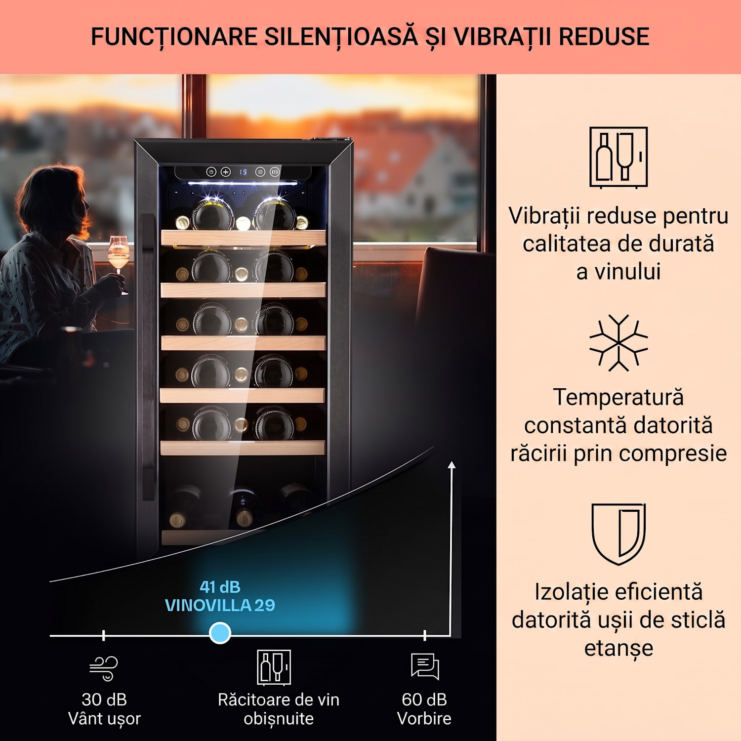 Vinovilla 29 Built-In, frigider pentru vin incorporabil, 81 l / 29 sticle, 1 zona, ușă sticlă, inox 29_bottles | 1 | Negru