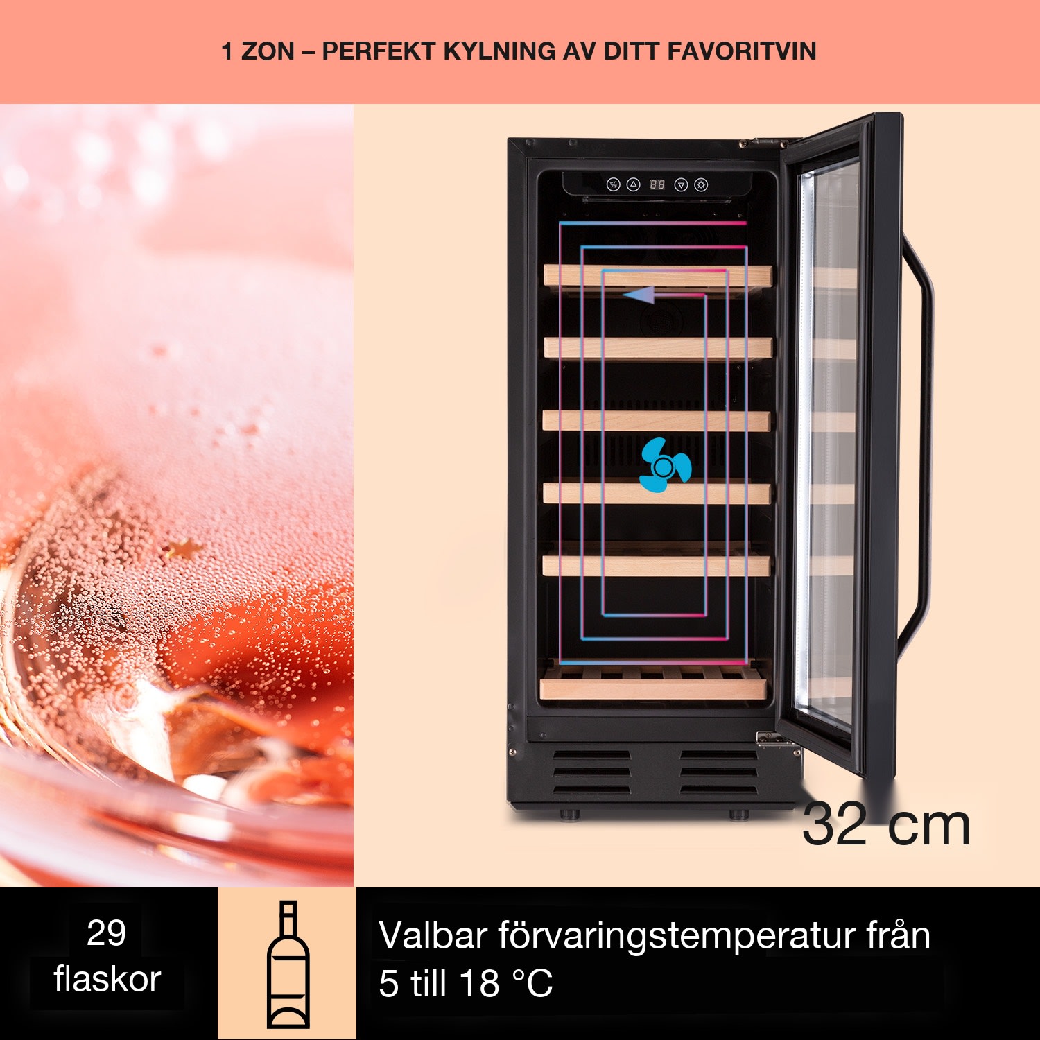 Vinovilla 29 Built-In Vinkylskåp 81 l / 29 fl. 1 zon glasdörr rostfritt stål 