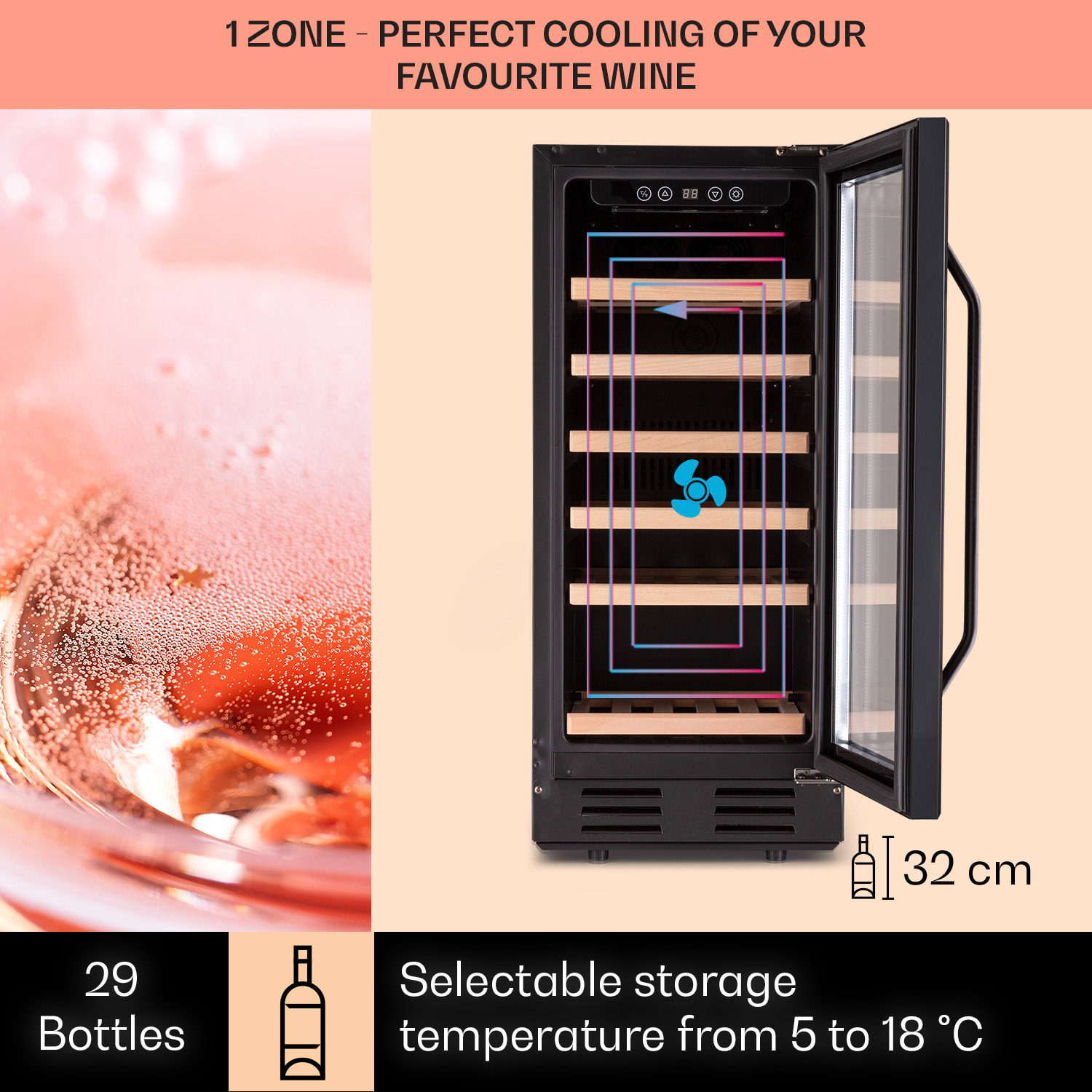 Vinovilla 29 Built-In wijnkoelkast 81 liter 29 flessen 1 zone glazen deur rvs  29 flessen | 1 koelzone | Zwart