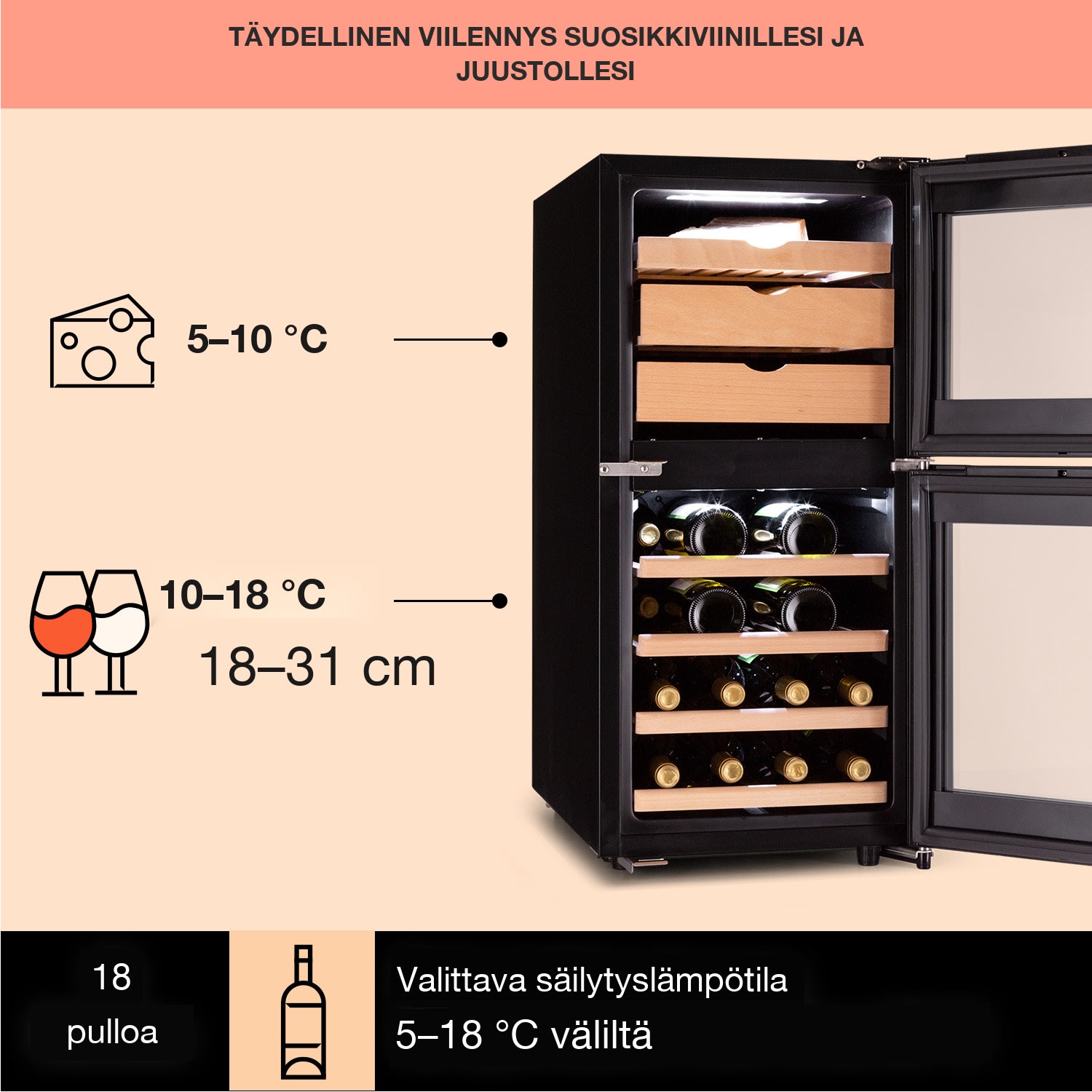 El Dorado 89 juusto- & -viinikaappi 2 aluetta kosketusohjaus 89 litraa LED 89 litraa | Musta
