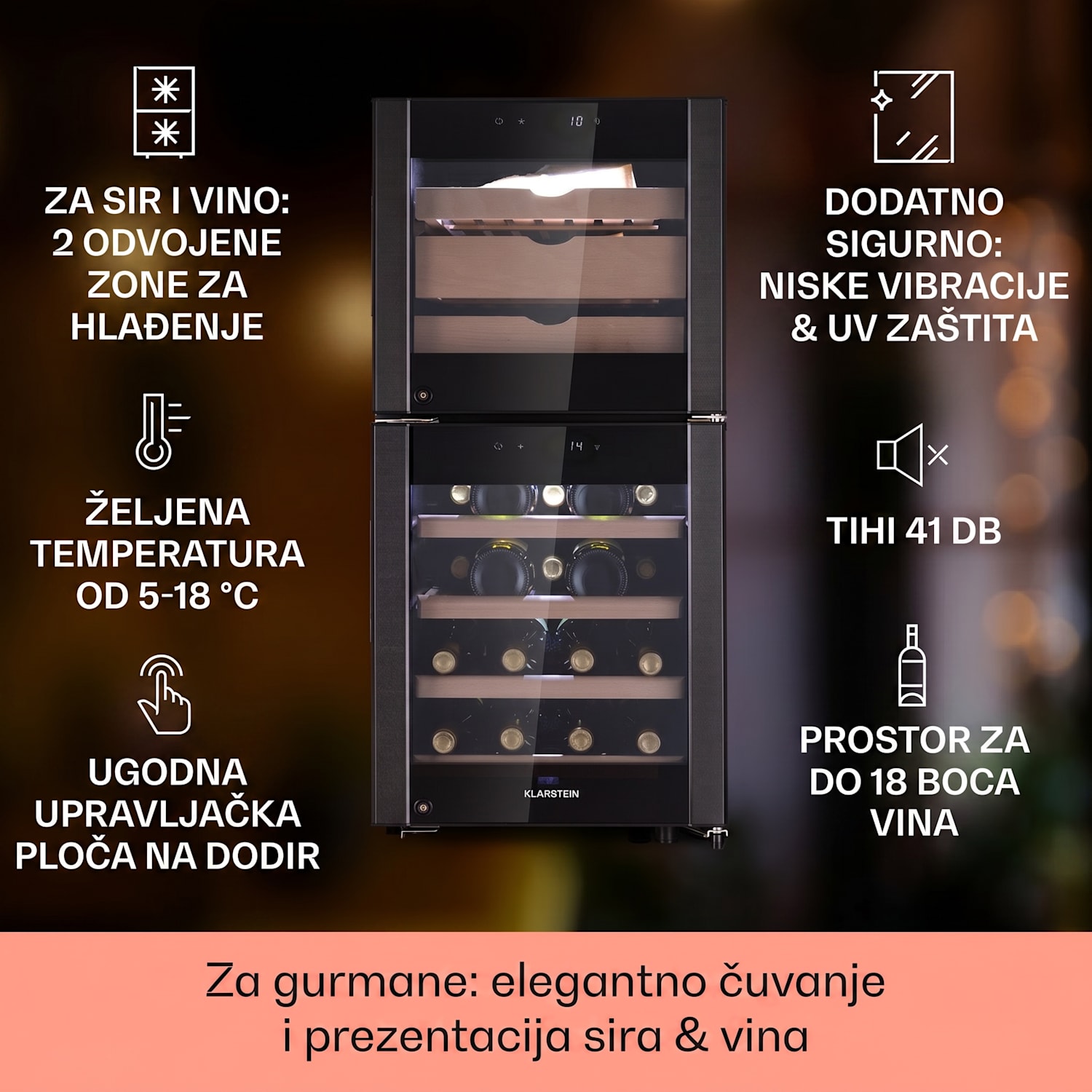 El Dorado 89, hladnjak za vino i sir, 2 zone, ekran osjetljiv na dodir, 89L, LED 89 litara | Crna